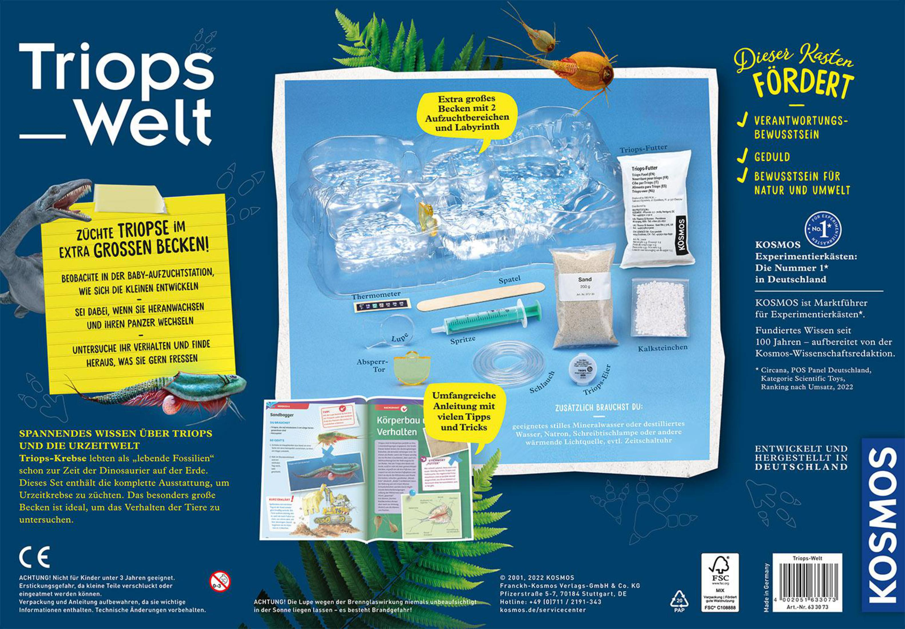 Eine Box mit Text über Triops und einem Kit. Auf der Box befindet sich eine Dinosaurier-Illustration.