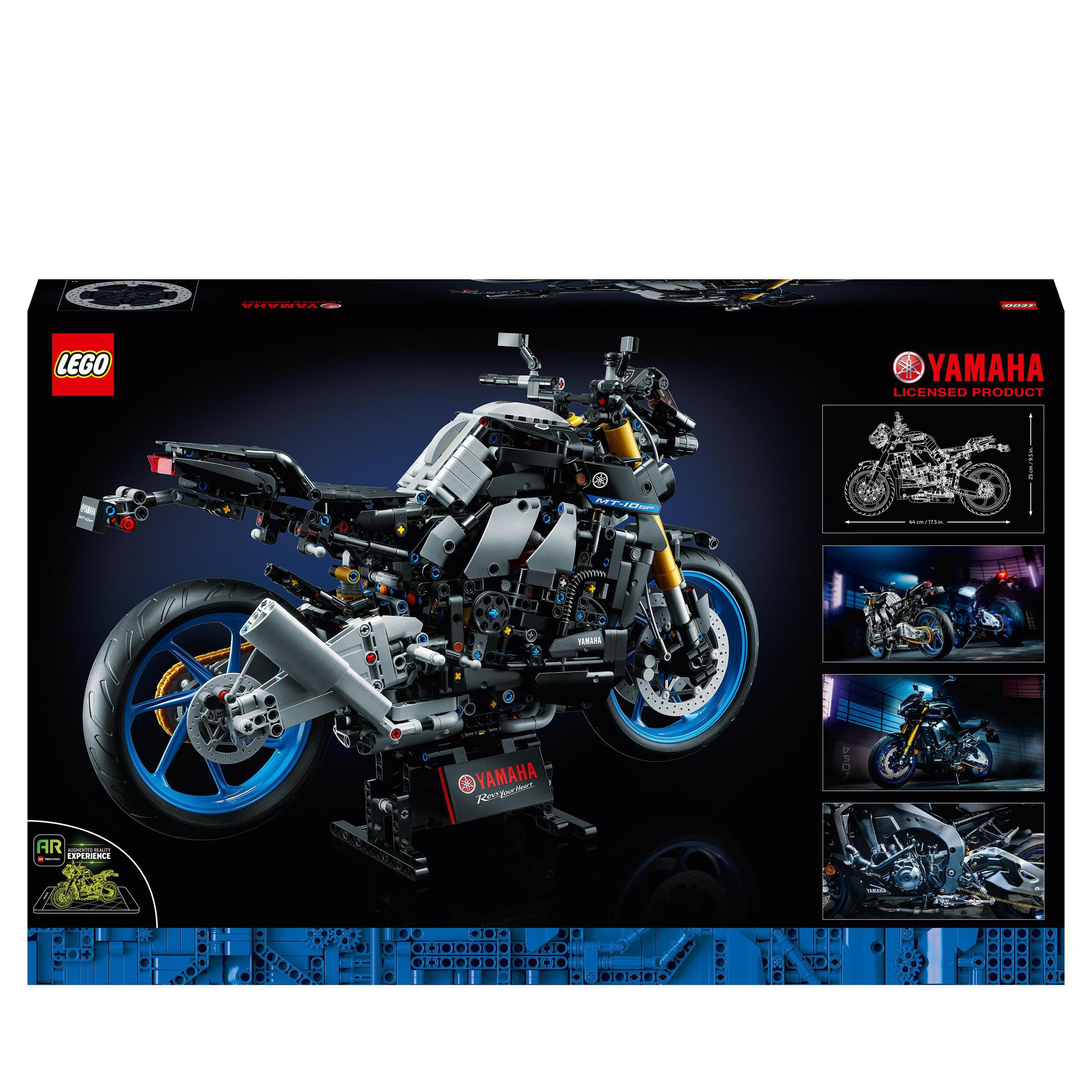 Pudełko Lego Yamaha motocykl. Czarne i niebieskie detale, białe tło.