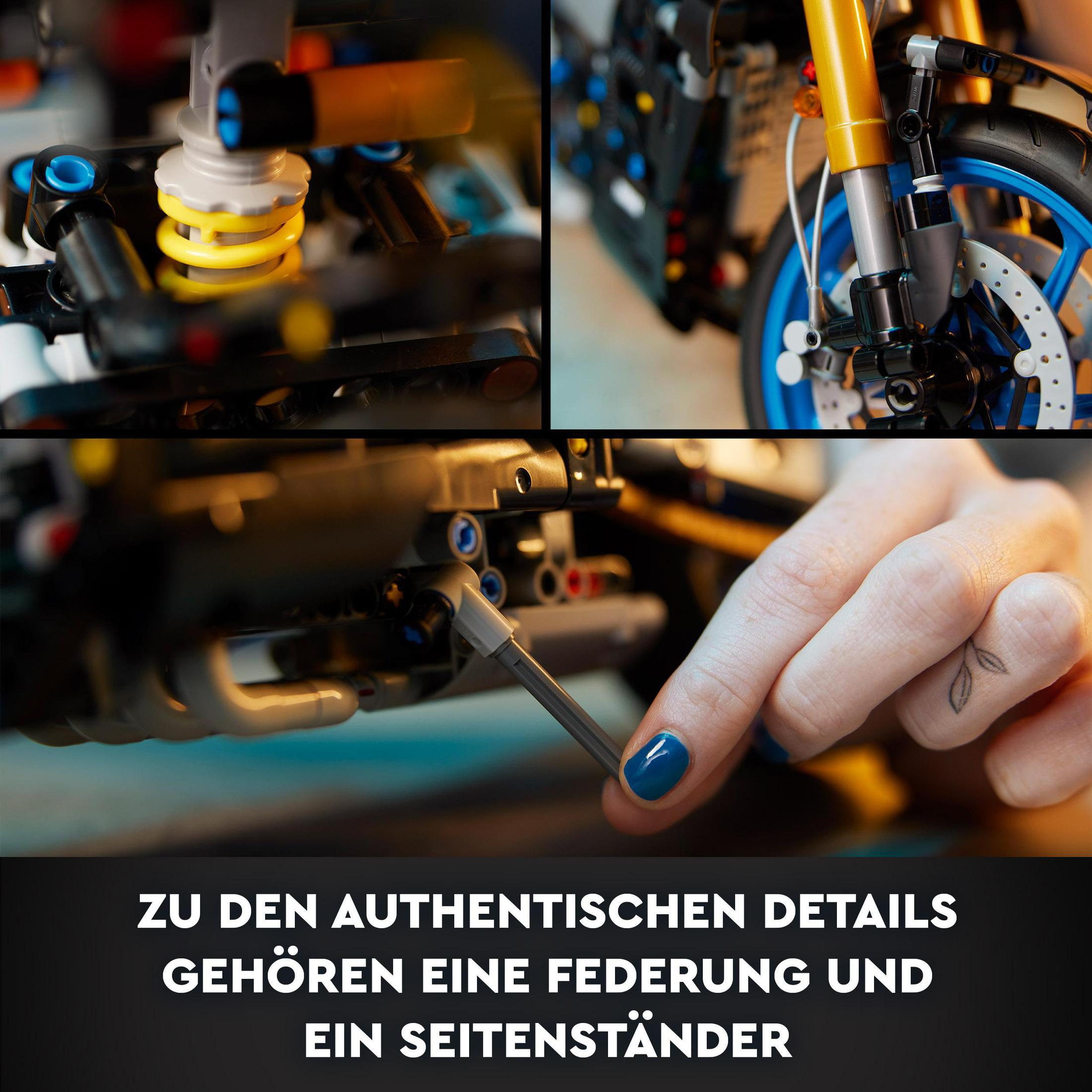 Zbliżenie części motocykla Lego Technic, w tym dłoń z lakierem do paznokci.