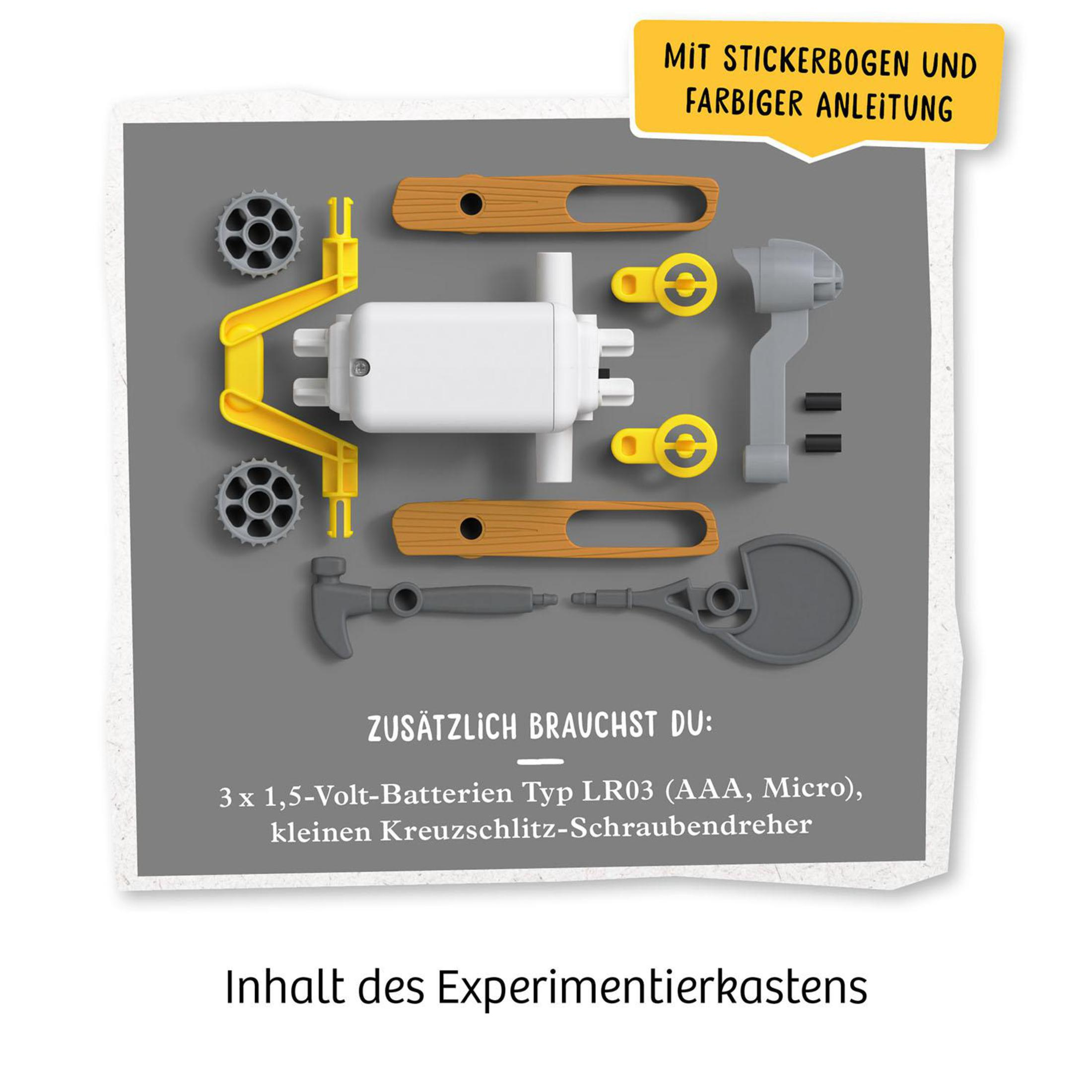 Experimentierkasten mit Teilen, Text: 3x 1,5V Batterien, kleiner Schraubendreher. Auch Sticker und Anleitung.