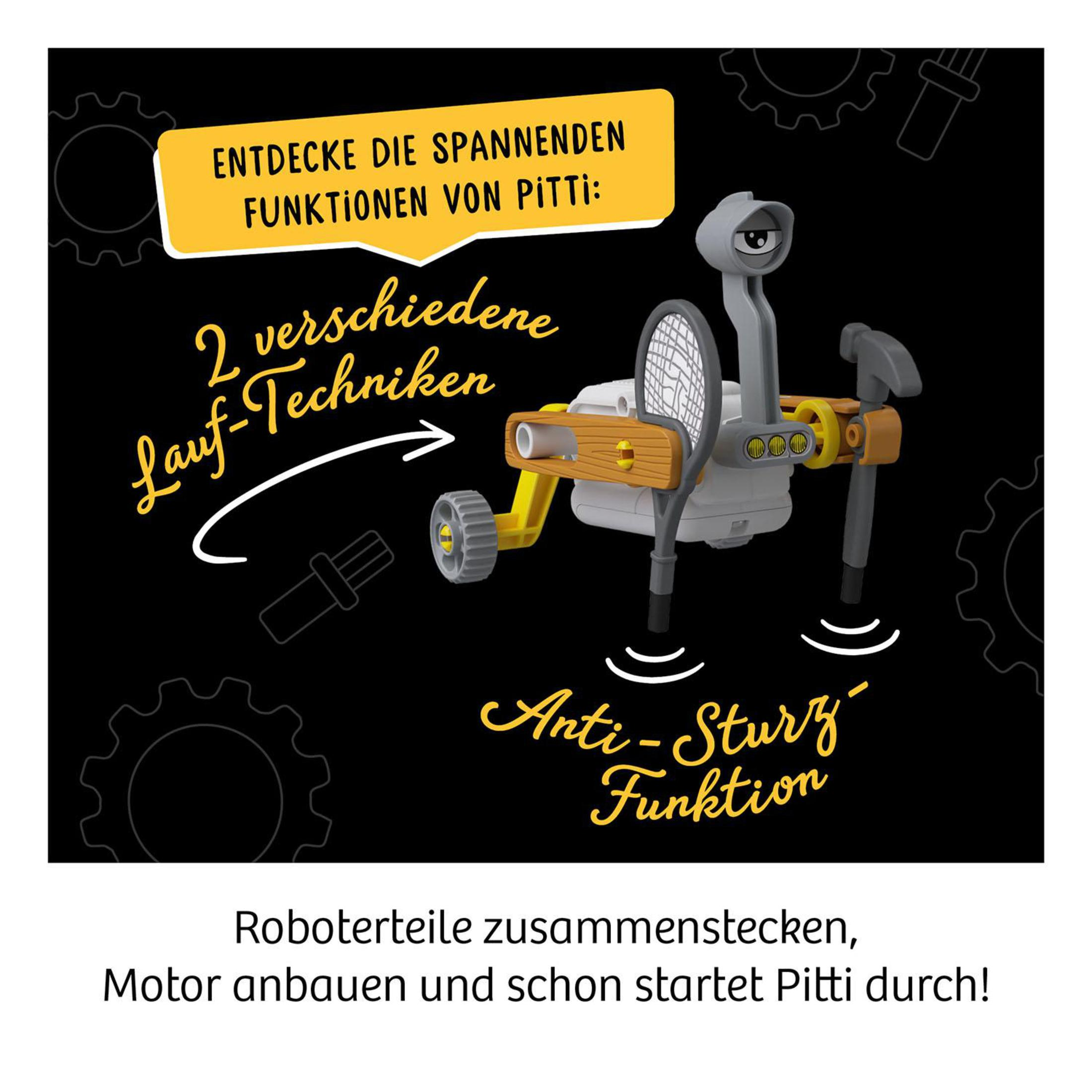 Ein Spielzeugroboter mit deutschem Text, der verschiedene Roboterfunktionen zeigt.