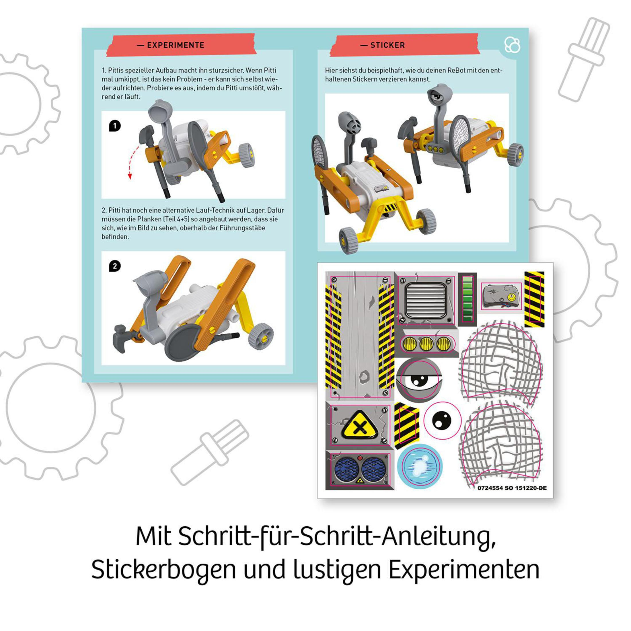 Lehrdiagramme mit Anweisungen und Aufklebern für ein Roboterspielzeug.