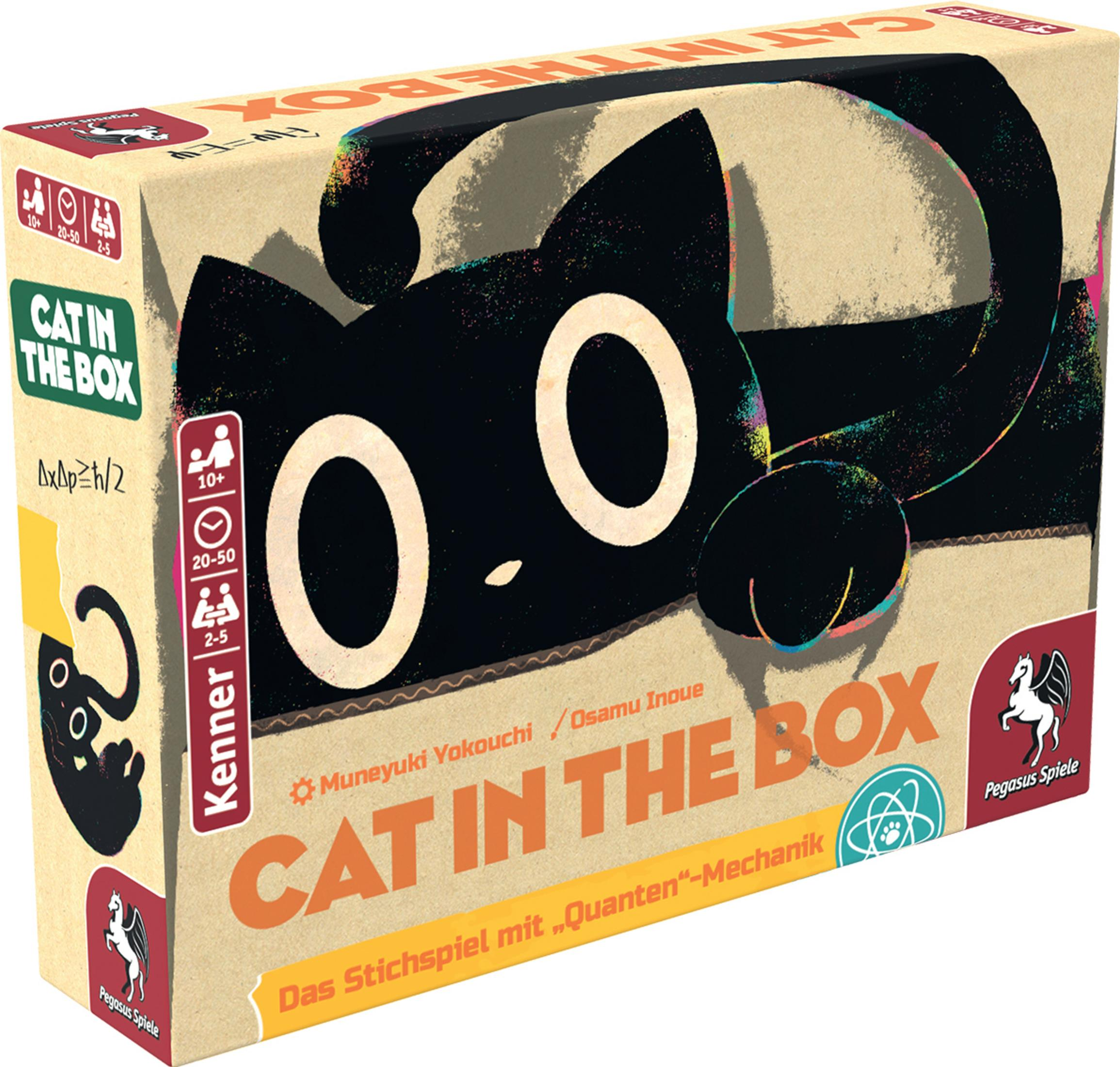 Eine Cat in the Box-Brettspielbox. Die Box ist schwarz mit weißem Text und Katzenkunst.