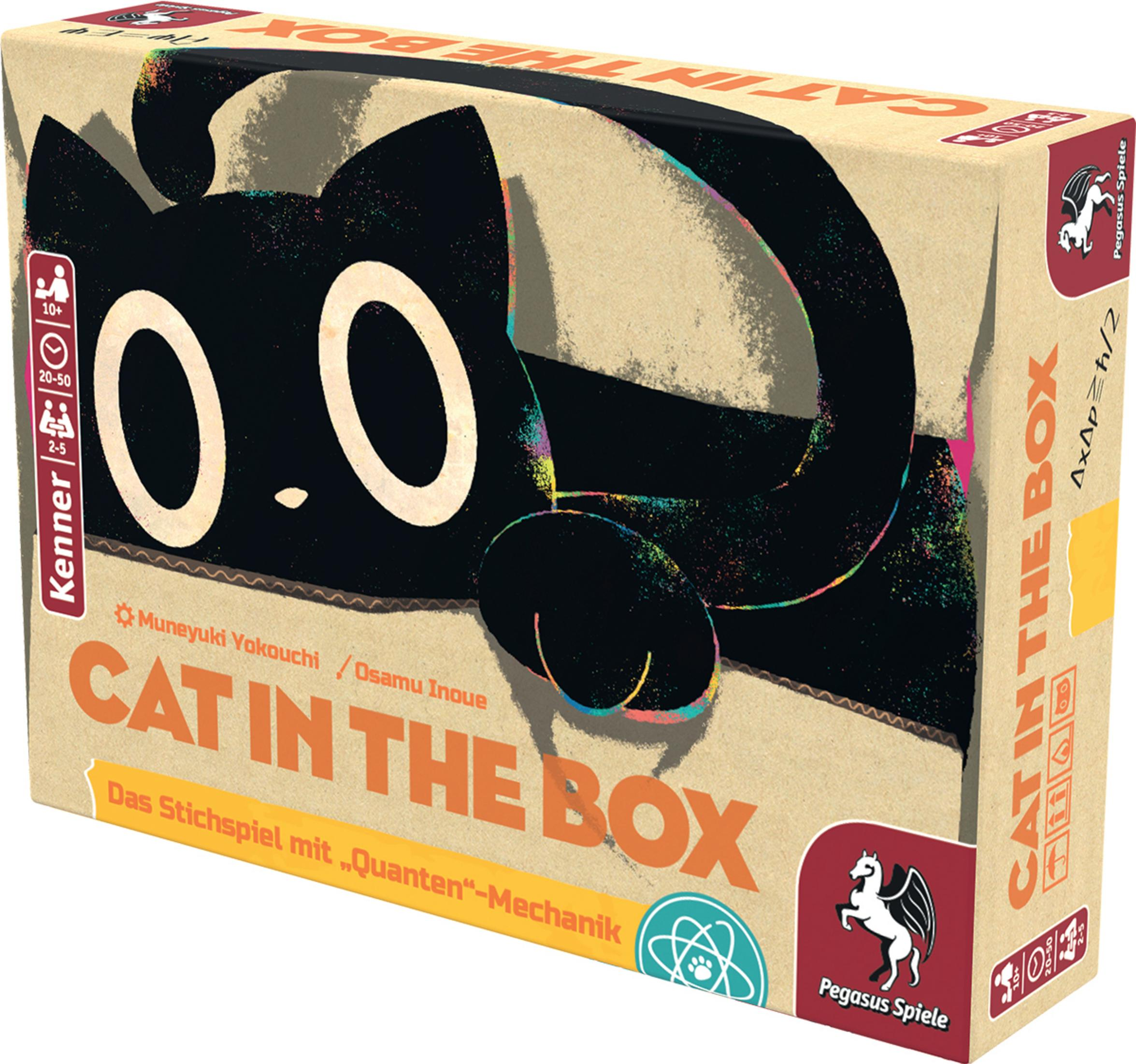 Eine Spielbox für 'Cat in the Box' mit einer schwarzen Katze und buntem Text.