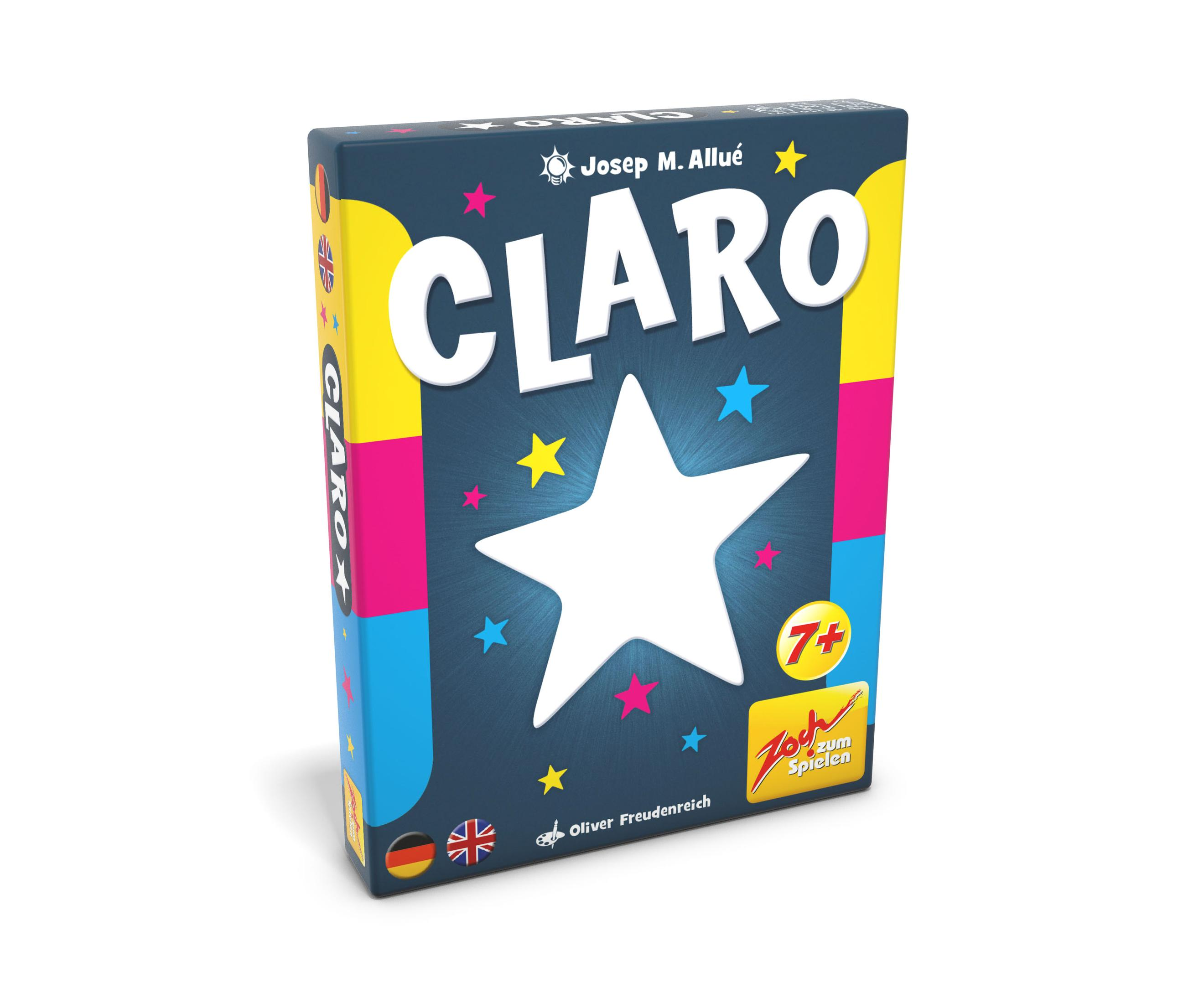 Boîte de jeu de société avec une étoile blanche et le mot CLARO. Logo Zoch zum Spielen.