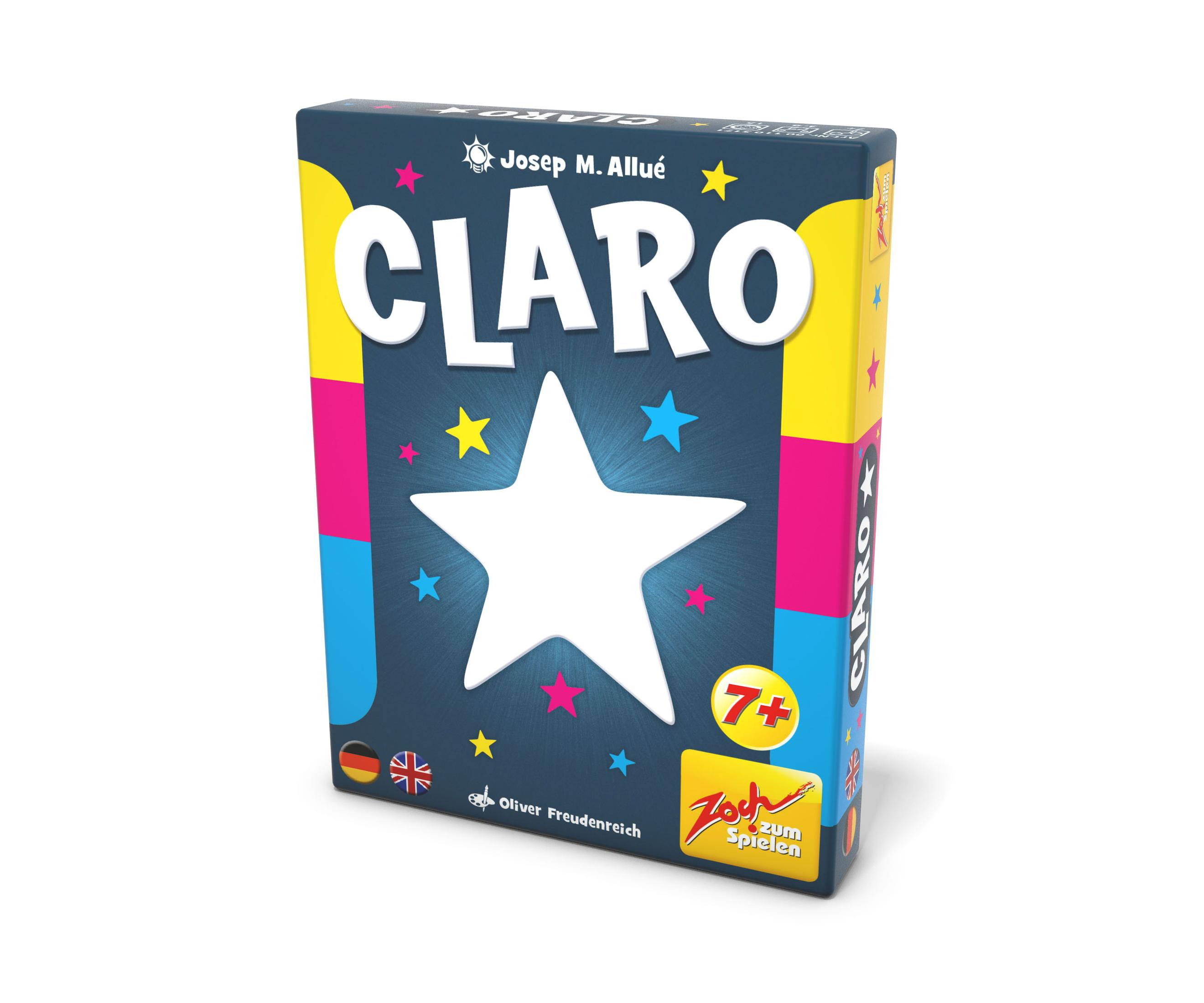 Boîte de jeu de société Claro avec étoile blanche et accents colorés, fond blanc.