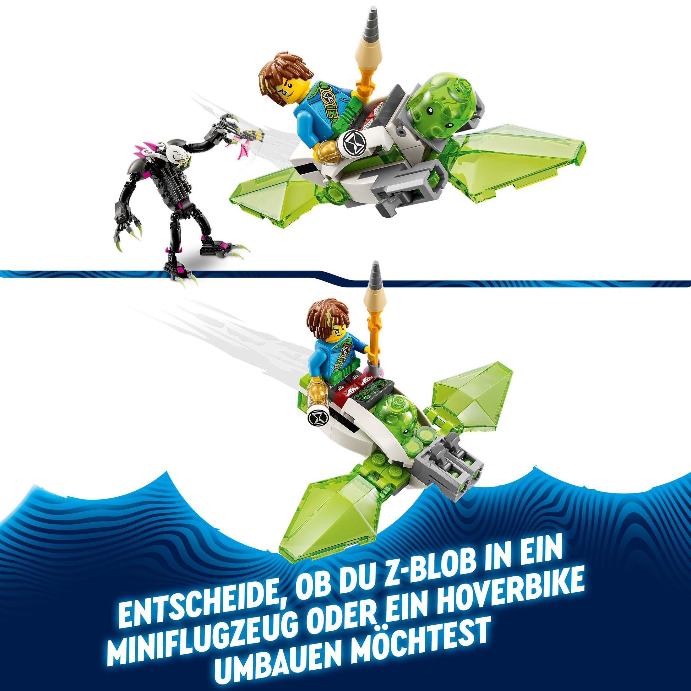 Lego-Set mit Minifiguren in einem Hoverbike und eine Z-Blob-Figur ist sichtbar.