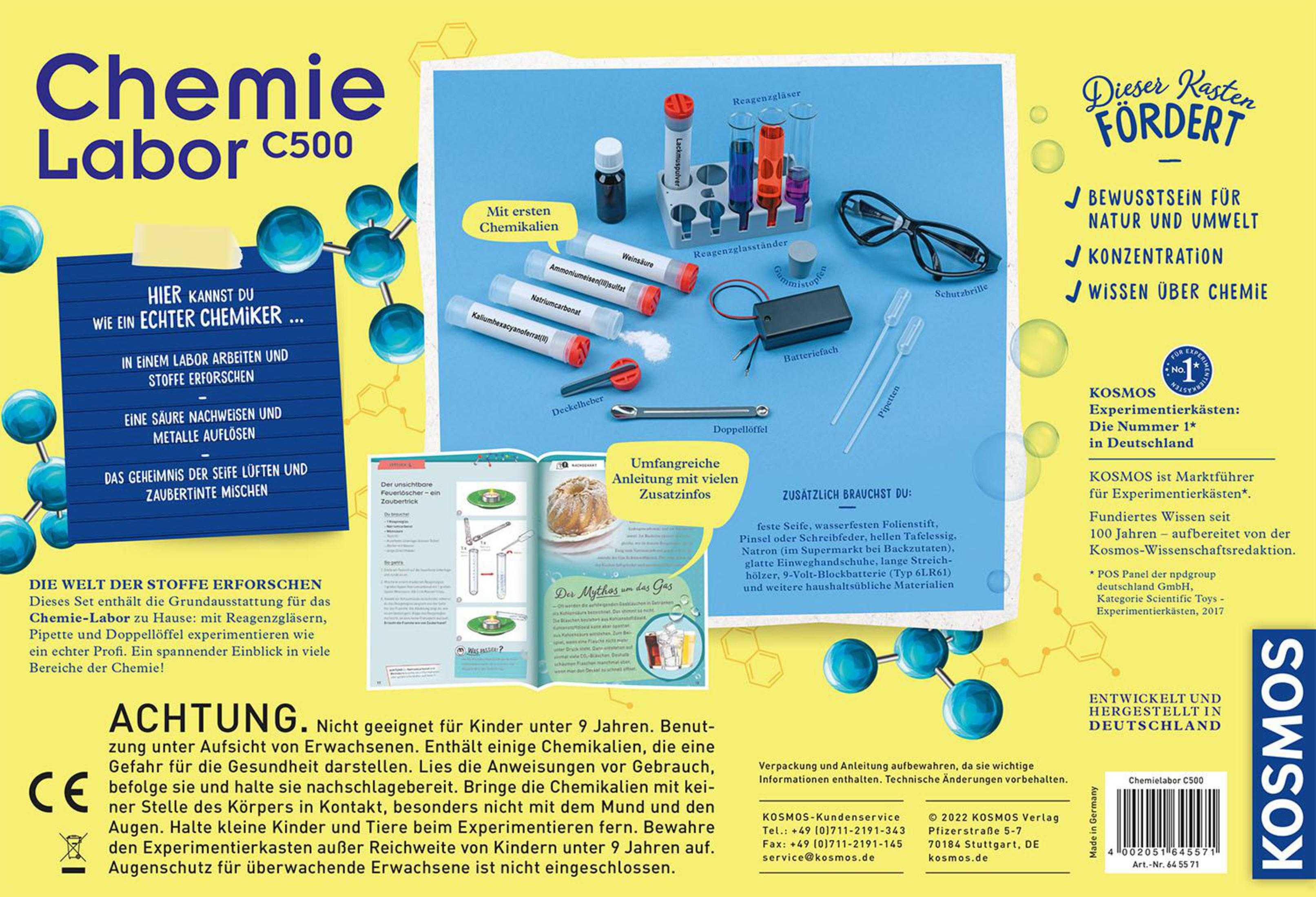 Ein Wissenschaftskasten für Chemieexperimente mit verschiedenen Werkzeugen und Anleitungen.