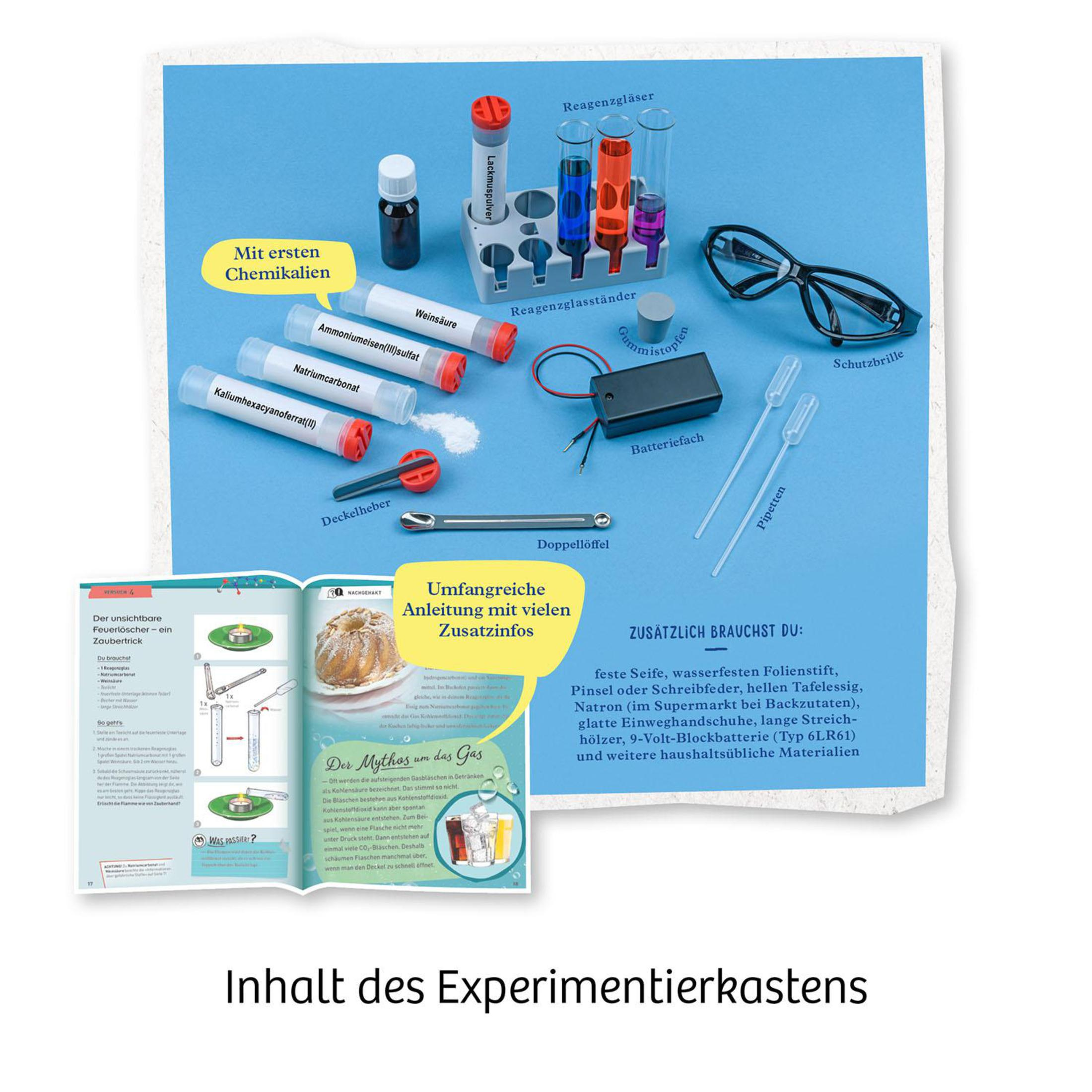 Ein wissenschaftliches Experimentier-Set mit verschiedenen Chemikalien, Werkzeugen und Anleitungen.