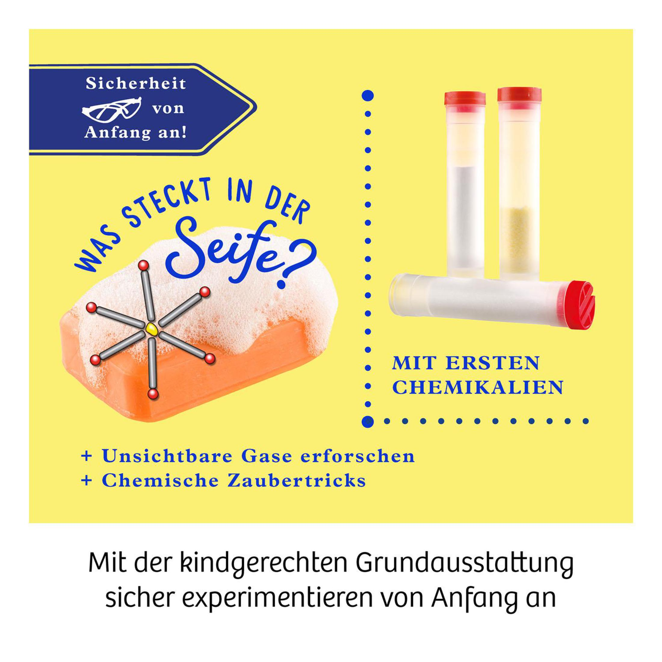 Lehrreiches Bild mit Text und Reagenzgläsern. Zeigt eine Seife und Chemiekonzepte.