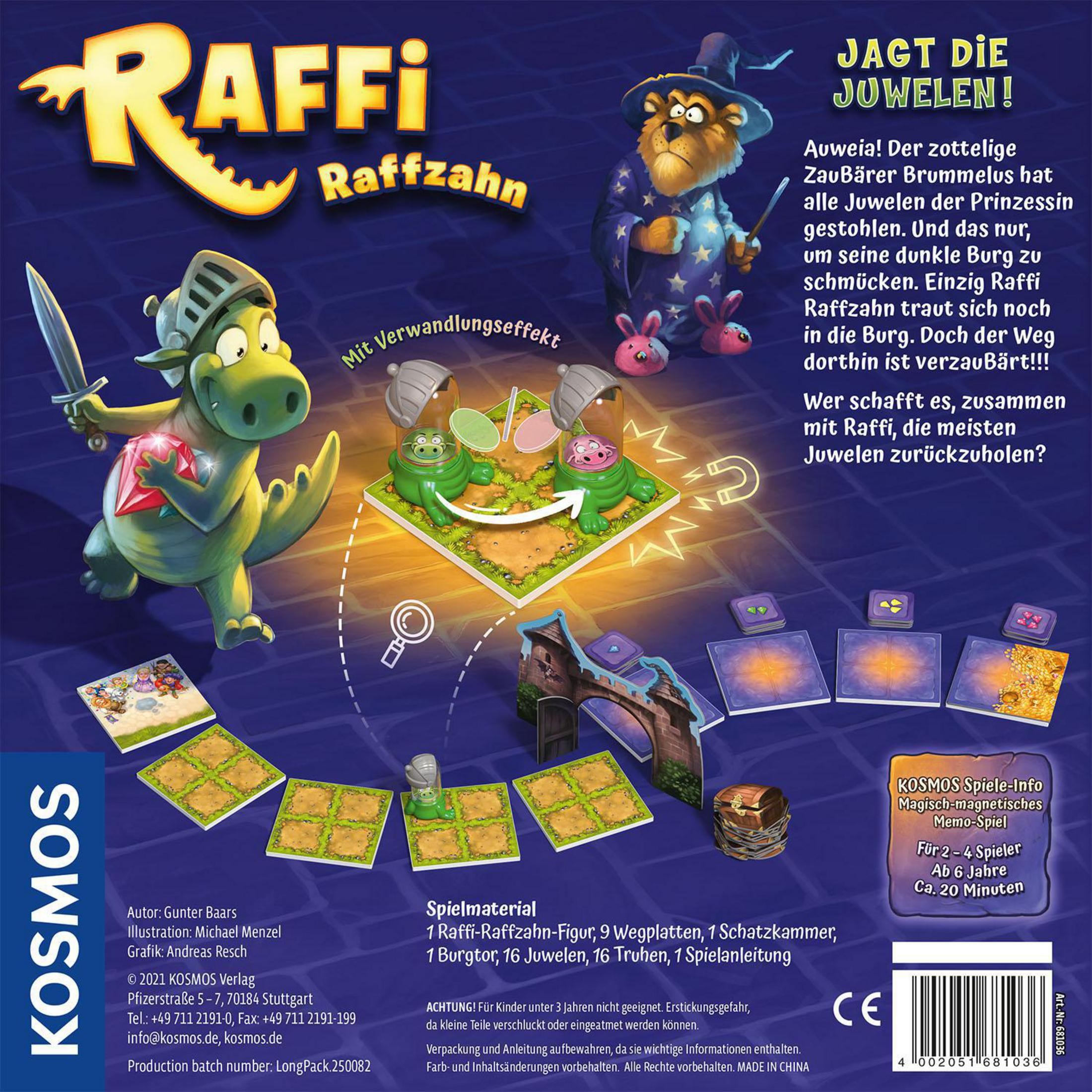 Spielbrett mit Drachen, Zauberer und Juwelen. Text und Spielablauf sind sichtbar.