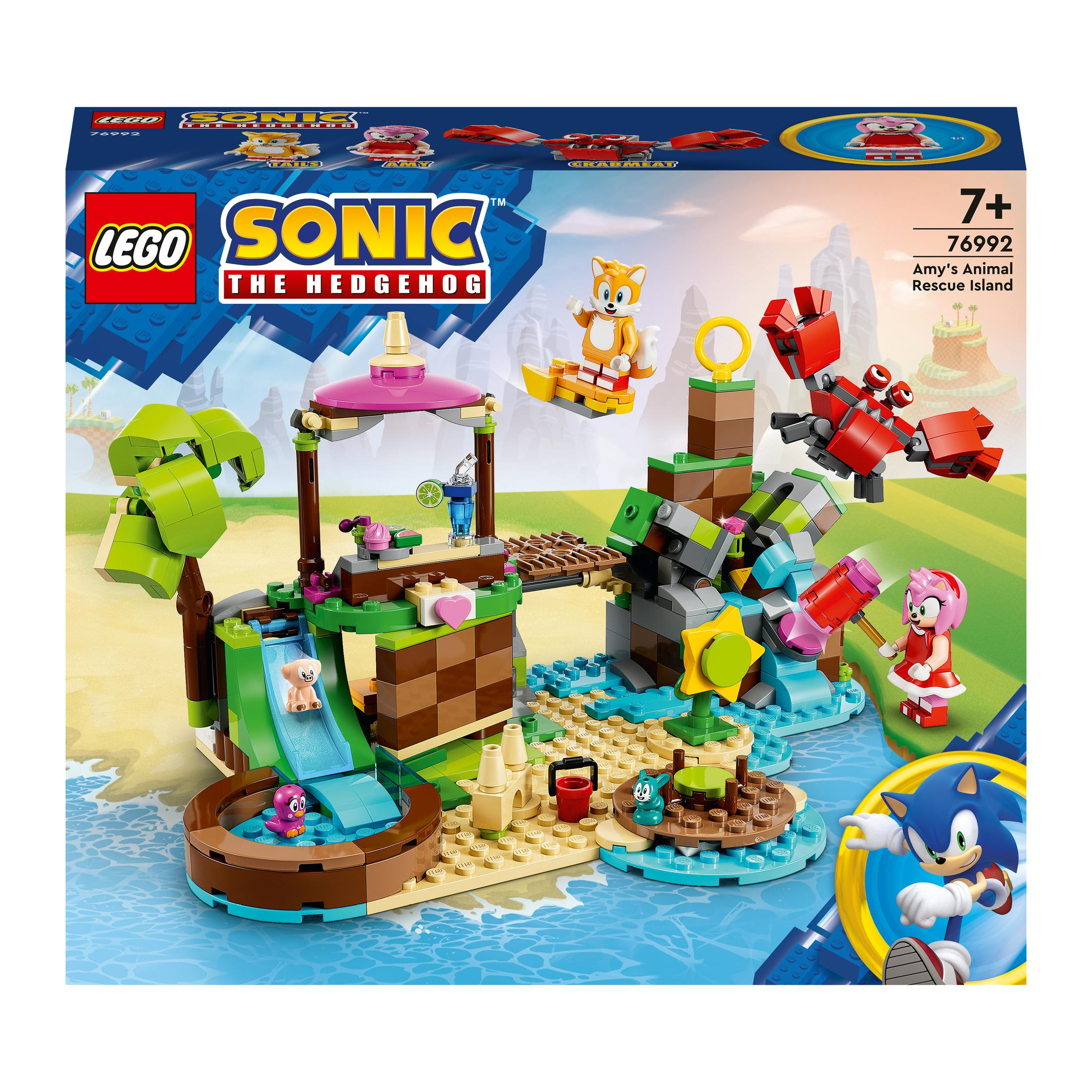 Lego Sonic set met eilandscène met Sonic, Tails, Amy en diverse dierfiguren.