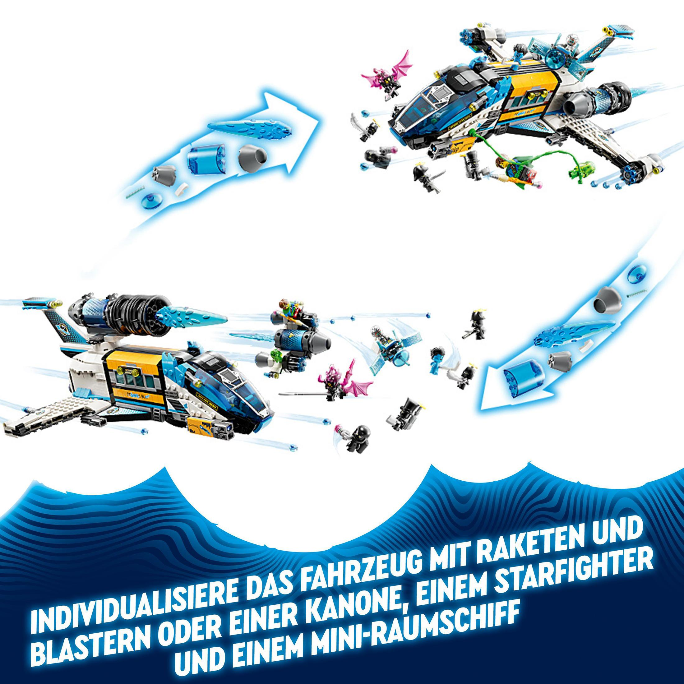 Zwei Raumschiffe, Pfeile zeigen die Dekonstruktion. Text: Individualisieren Sie das Fahrzeug mit Raketen, einem Starfighter, Blastern oder einem Mini-Raumschiff.
