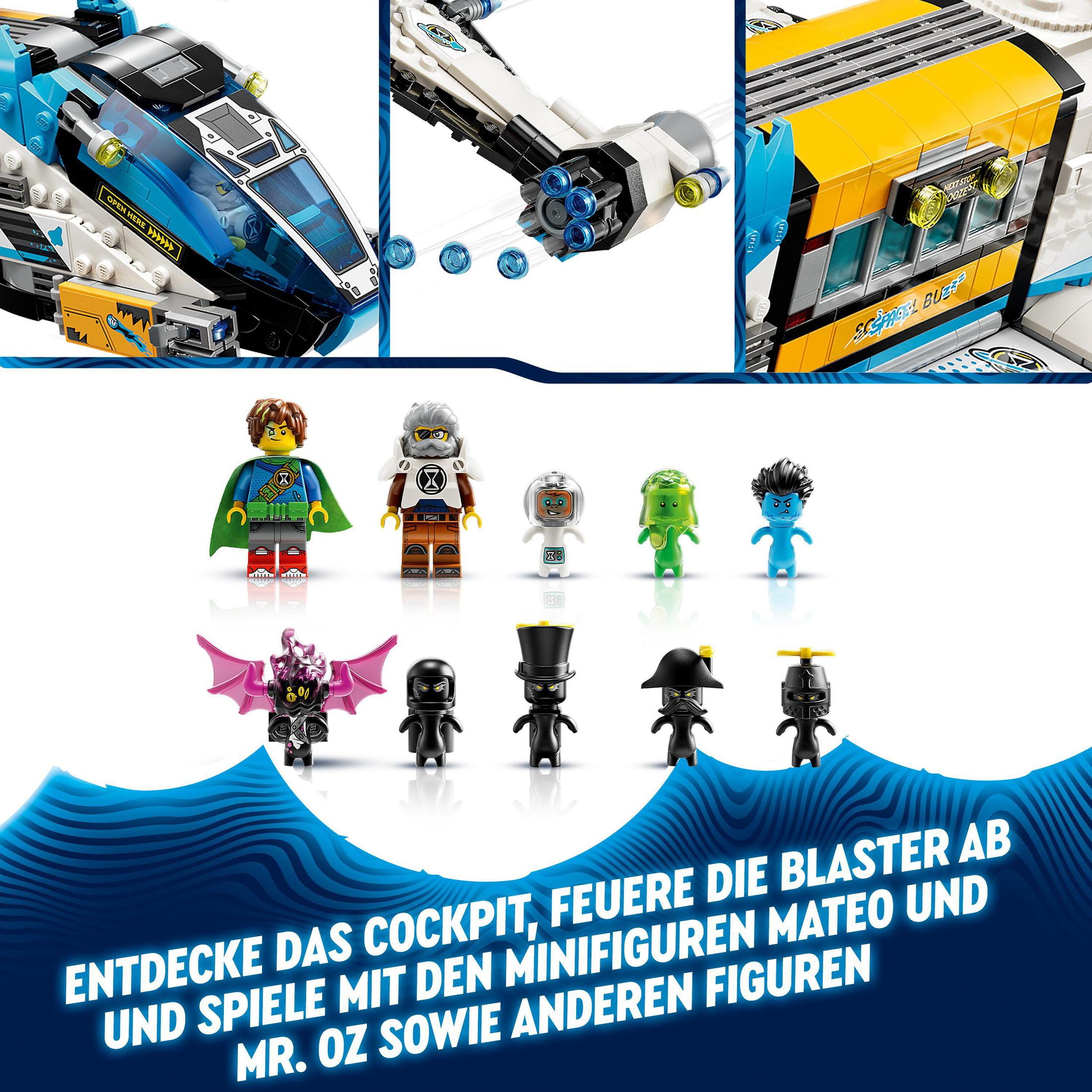 Ein Lego-Set mit Minifiguren und einem Raumschiff. Text: Entdecke das Cockpit, feuere die Blaster ab.