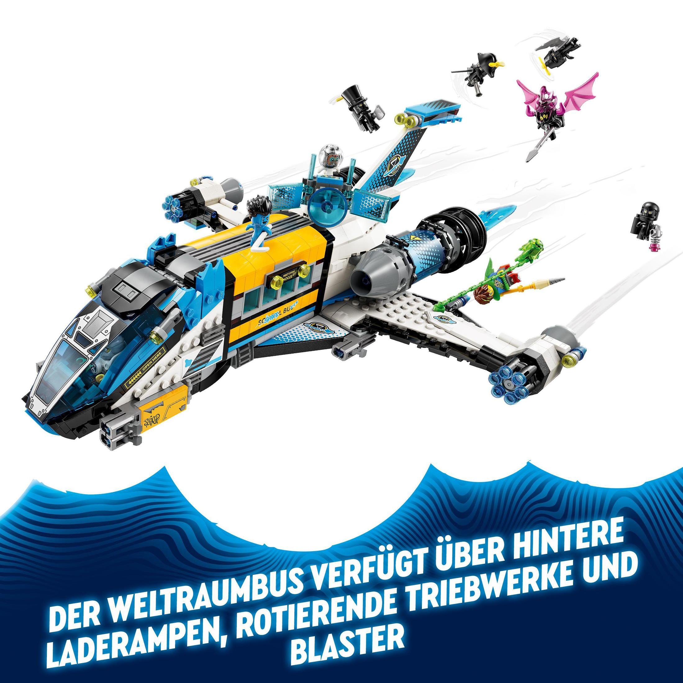 Ein Lego-Raumschiff-Spielzeug mit Mini-Figuren, die darum herumfliegen.