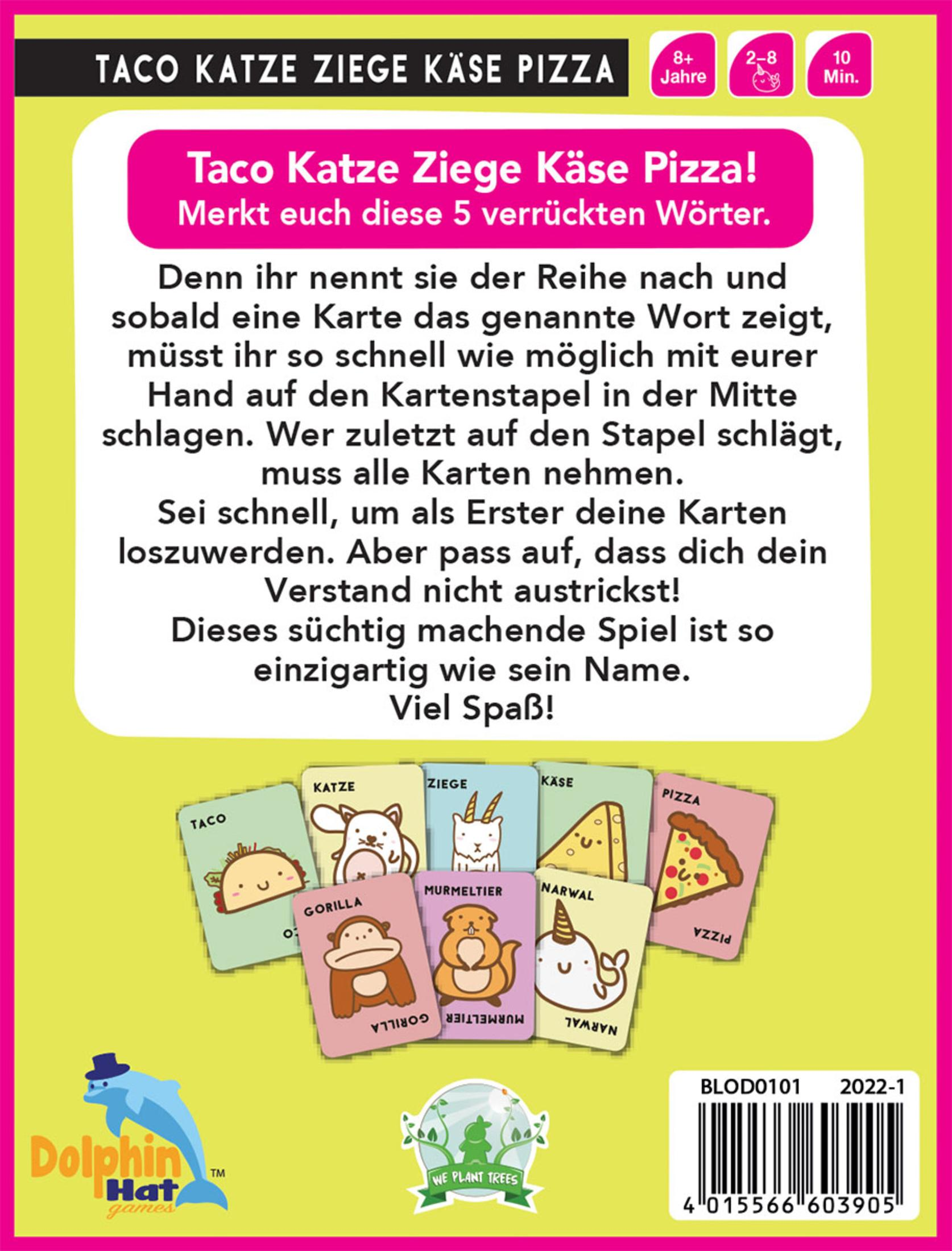 Rückseite einer Spielbox. Es hat die Wörter Taco, Katze, Ziege, Käse und Pizza. Karten sind in einer Reihe.