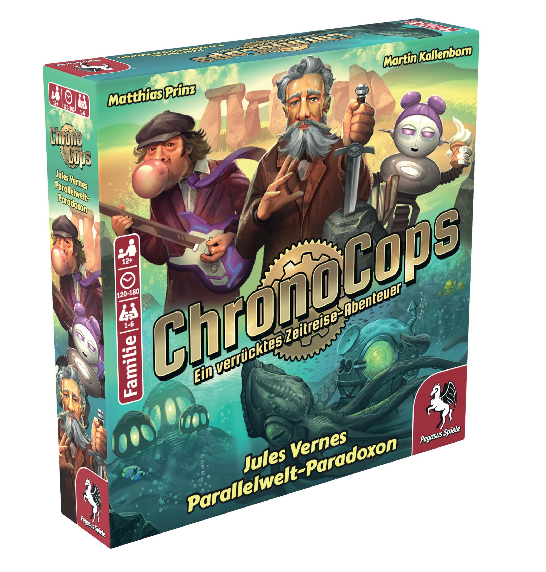 ChronoCops Brettspielbox, mit Illustrationen von Charakteren und einem Zeitreisemotiv.