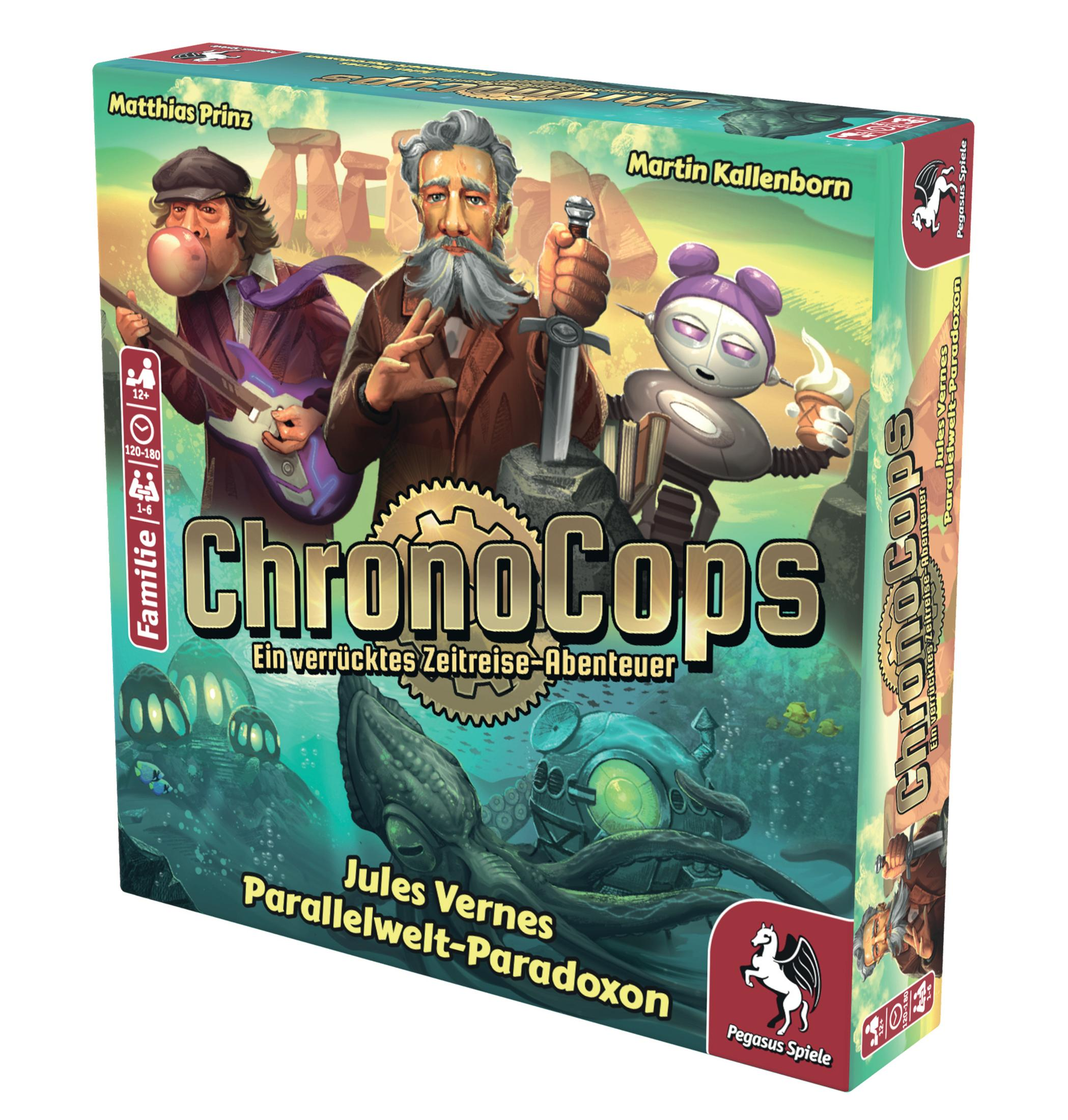 Schachtel des Brettspiels Chrono Cops mit Illustrationen von Charakteren und einer Unterwasserszene.