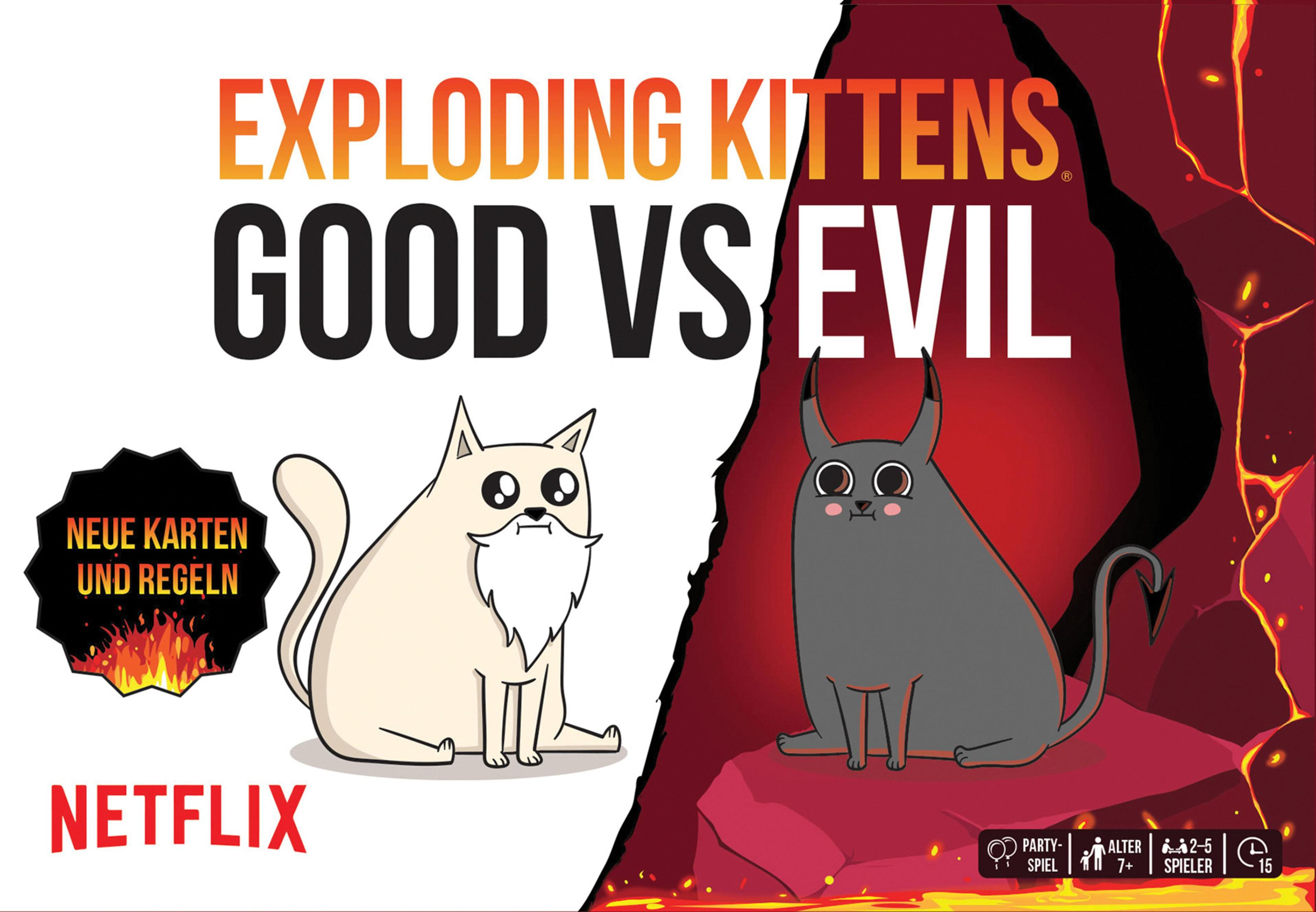 Exploding Kittens Brettspielbox, Gut vs. Böse, Cartoon-Katzen, Feuer-Hintergrund, Netflix-Logo.