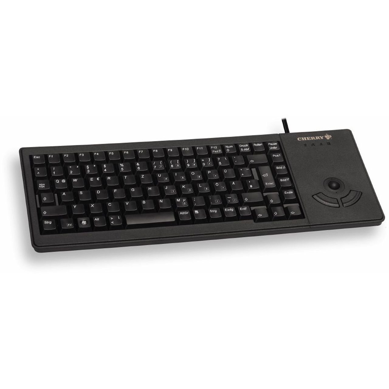 Teclado negro con trackball a la derecha. Marca Cherry, diseño alemán.