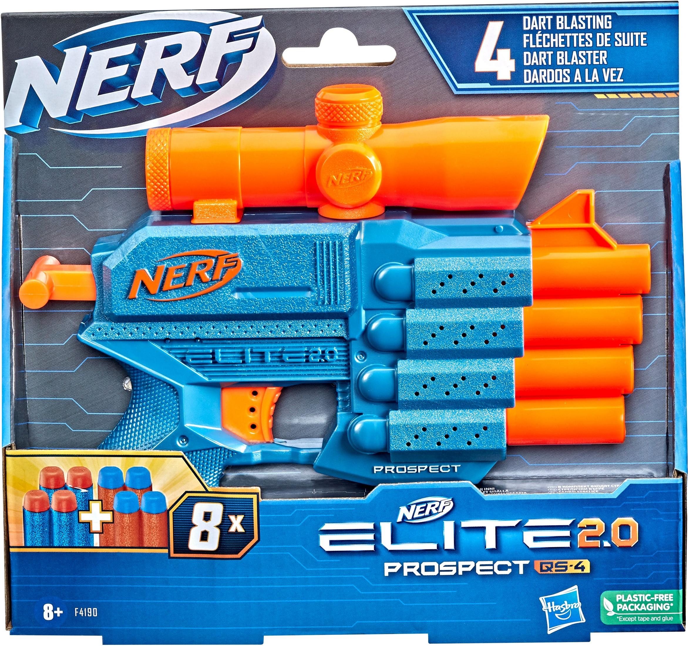 Un juguete de pistola Nerf Elite 2.0 Prospect, azul y naranja, con dardos y embalaje.