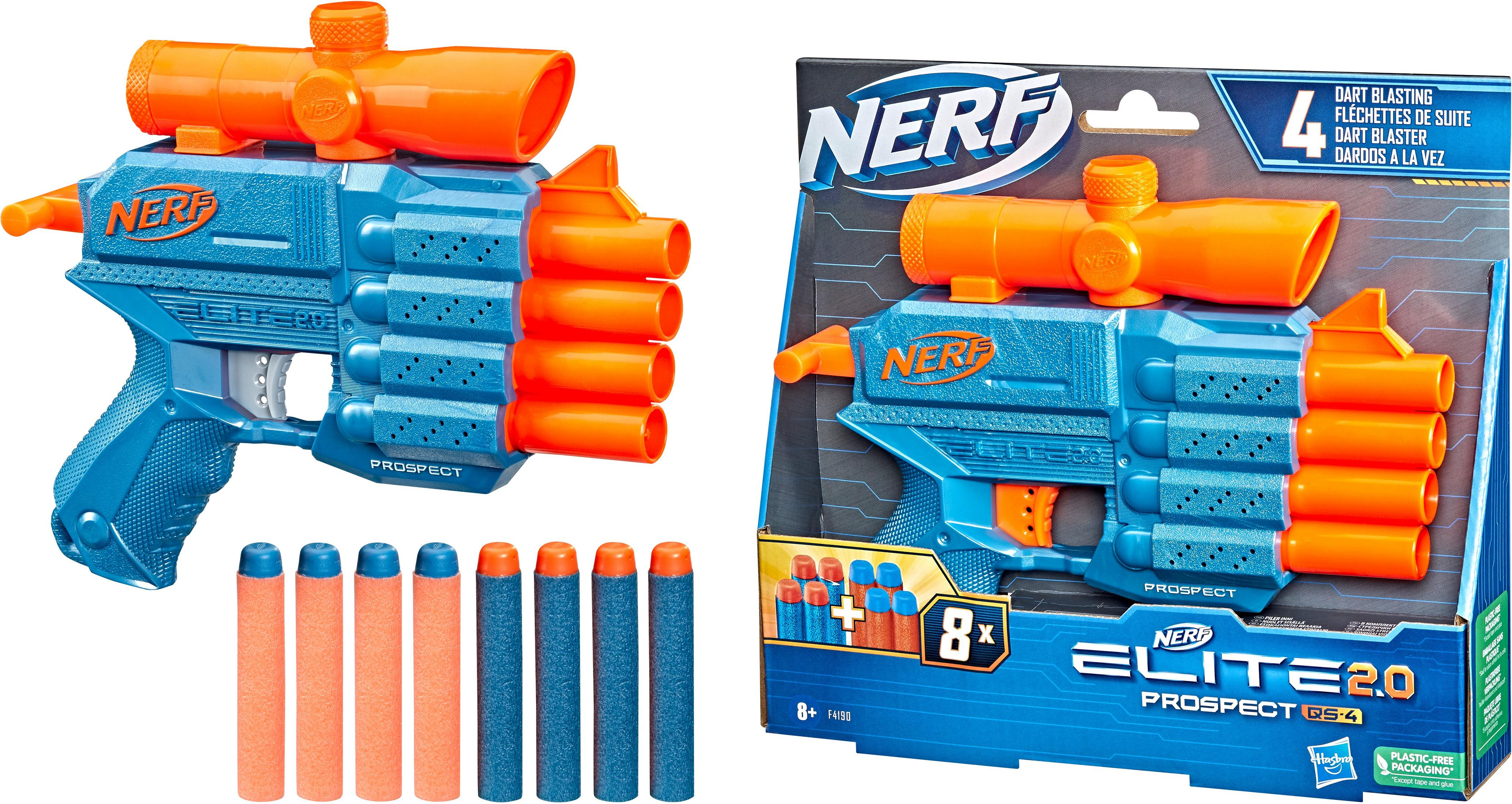Pistola de juguete Nerf Elite 2.0 Prospect QS-4 con dardos y caja sobre fondo blanco.
