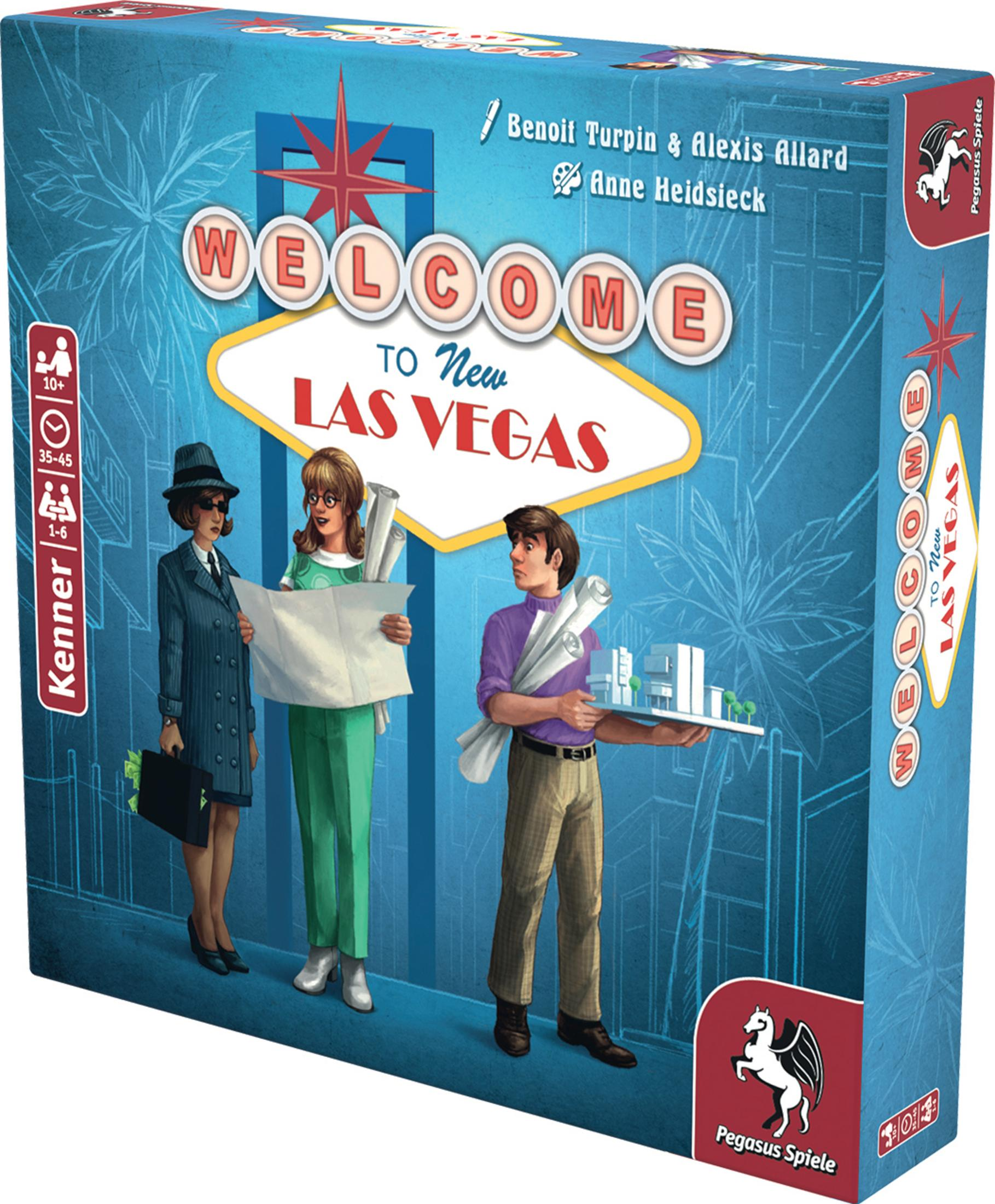 Das Brettspiel 'Welcome to New Las Vegas' wird gezeigt. Die Box zeigt Illustrationen von Charakteren und ein Vegas-Schild.