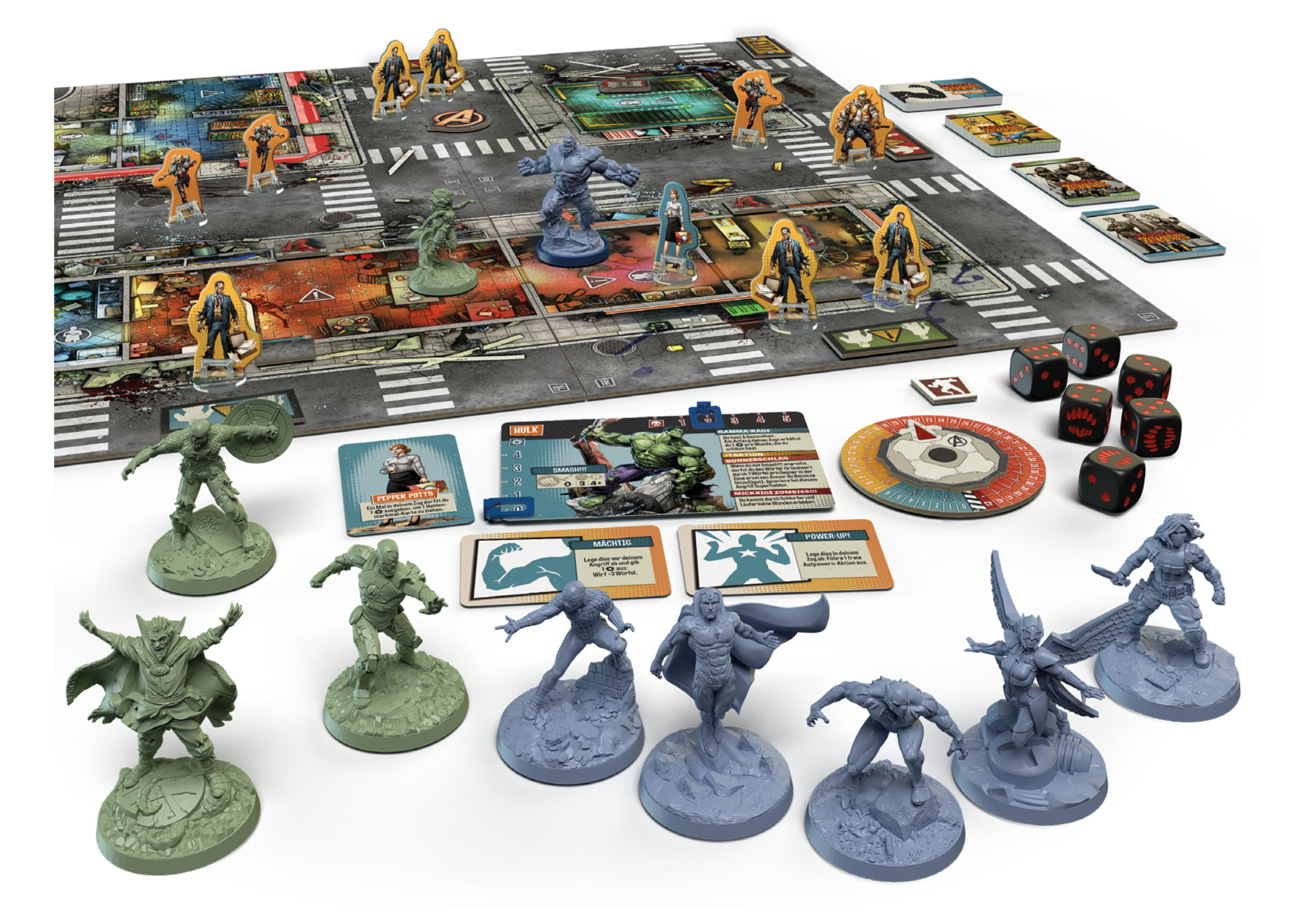 Ein Brettspiel mit Zombiefiguren, Superhelden und Spielkomponenten auf einem Straßenbrett.