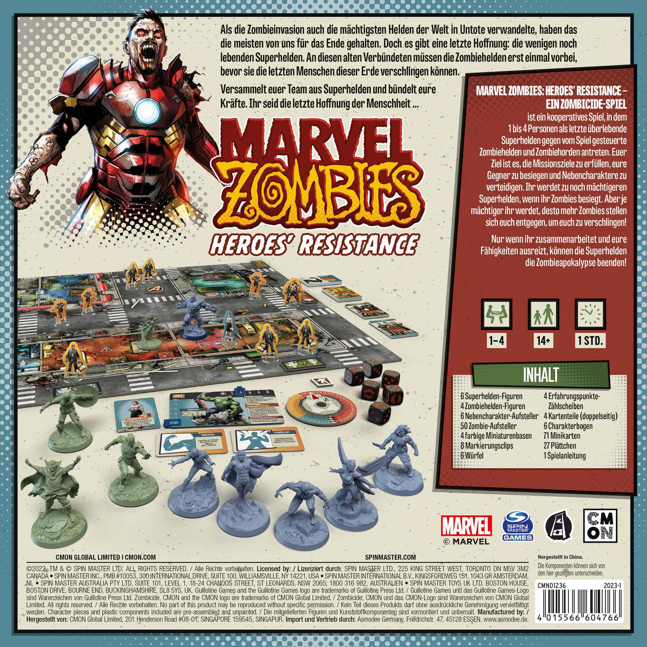 Eine Brettspielbox mit Superheldenfiguren. Das Spiel heißt Marvel Zombies: Heroes' Resistance.