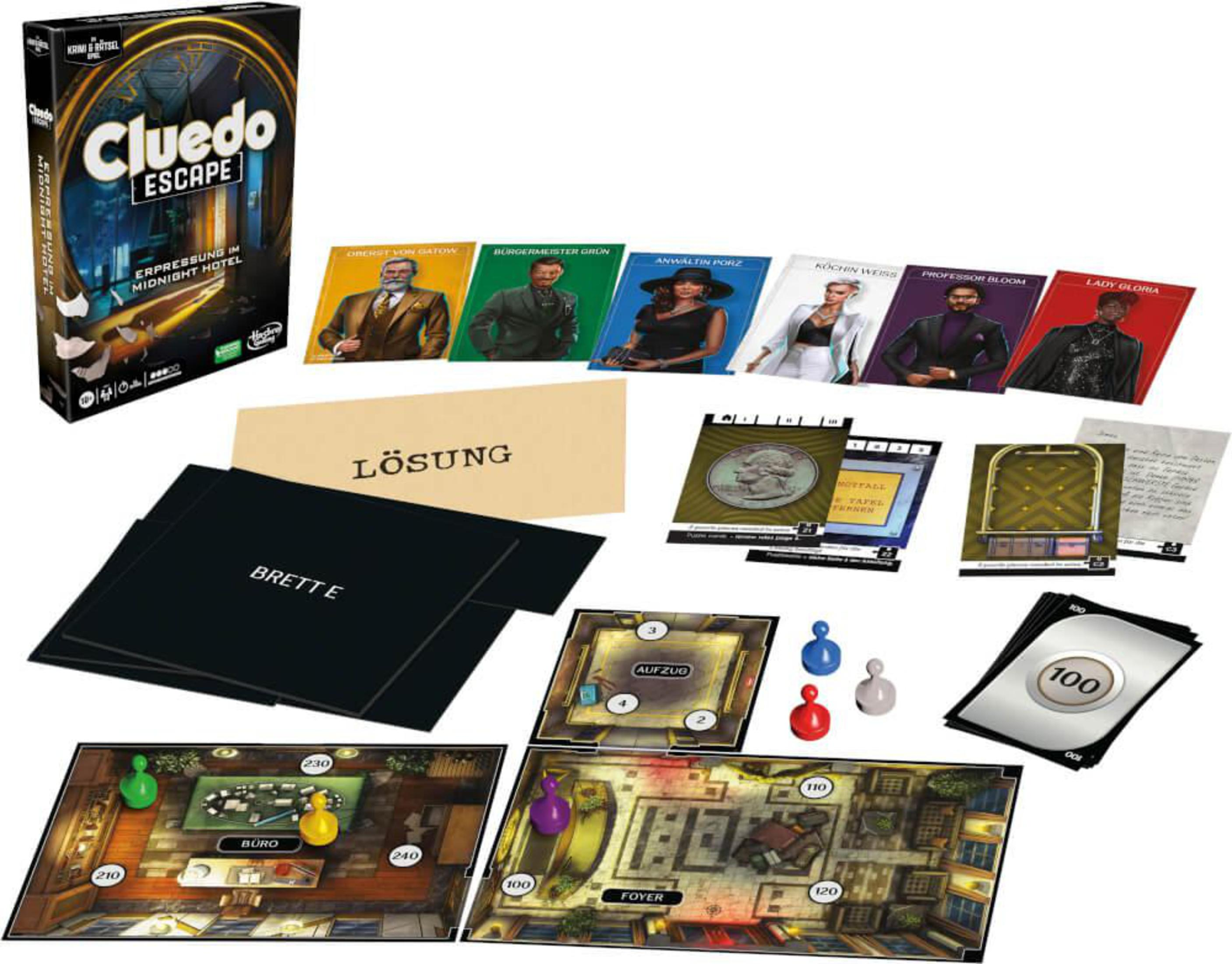 Cluedo Escape Spielbox. Spielkomponenten: Karten, Spielbretter und Charakterkarten sind sichtbar.