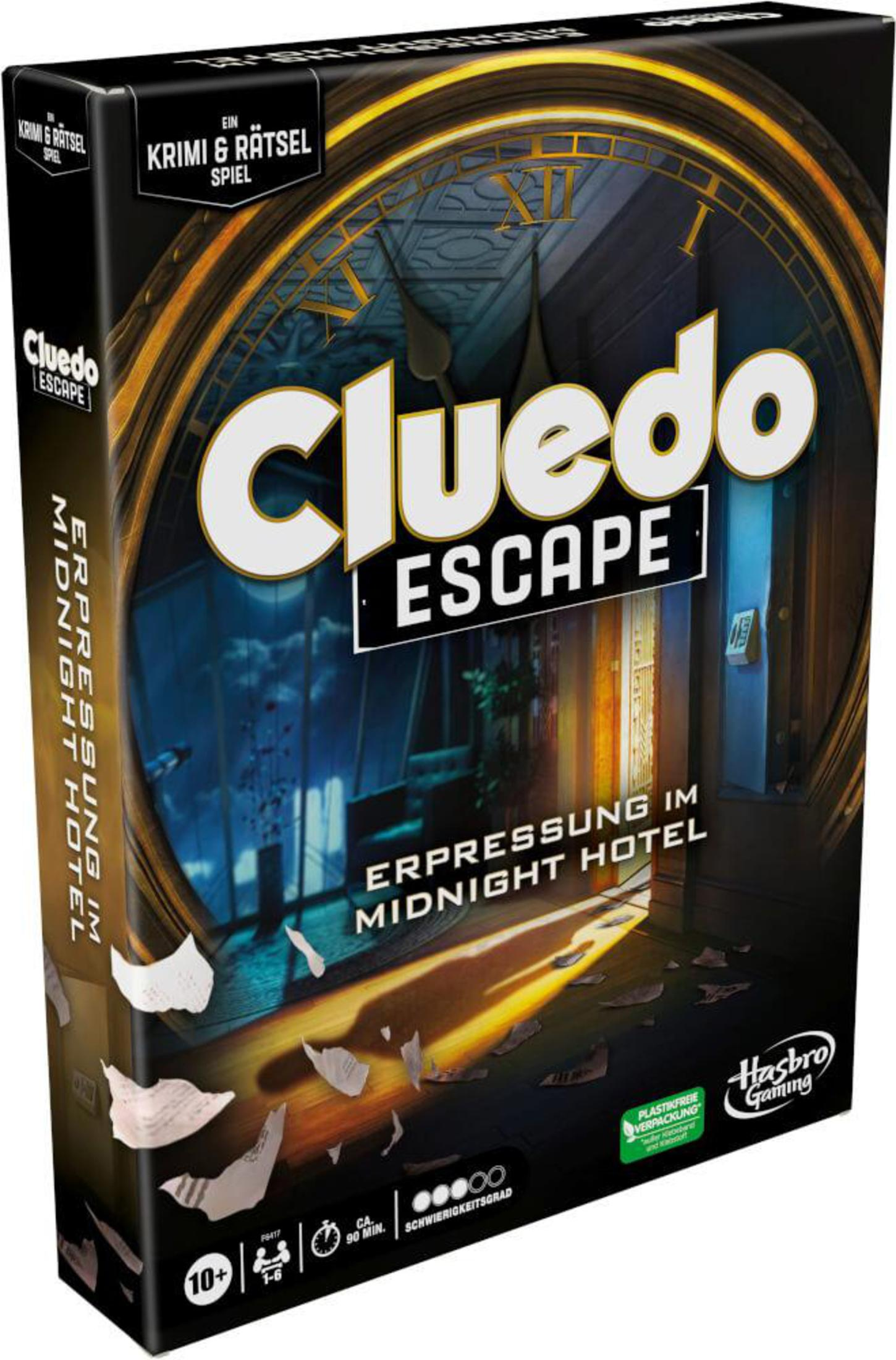 Die Schachtel des Cluedo: Escape - Midnight Hotel Spiels. Das Cover zeigt das Hotel und zerbrochene Papiere. Weißer Hintergrund.