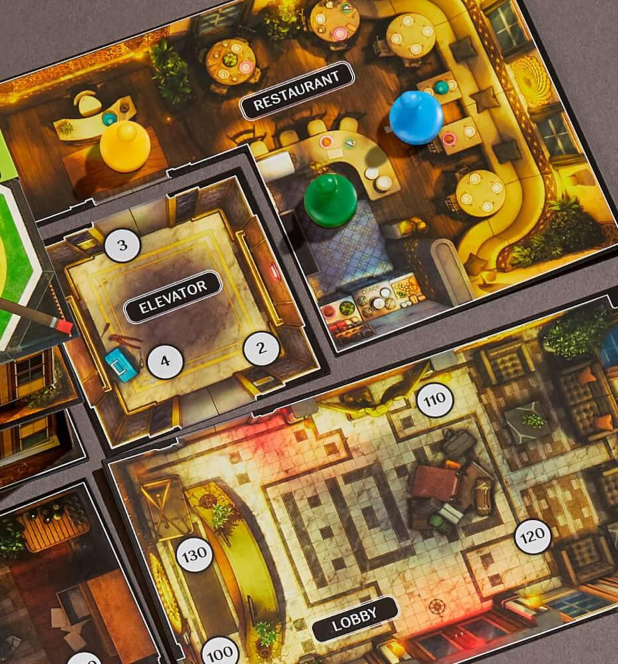 Brettspiel mit Hotelzimmern, farbigen Spielfiguren und Bezeichnungen wie Restaurant, Aufzug und Lobby.