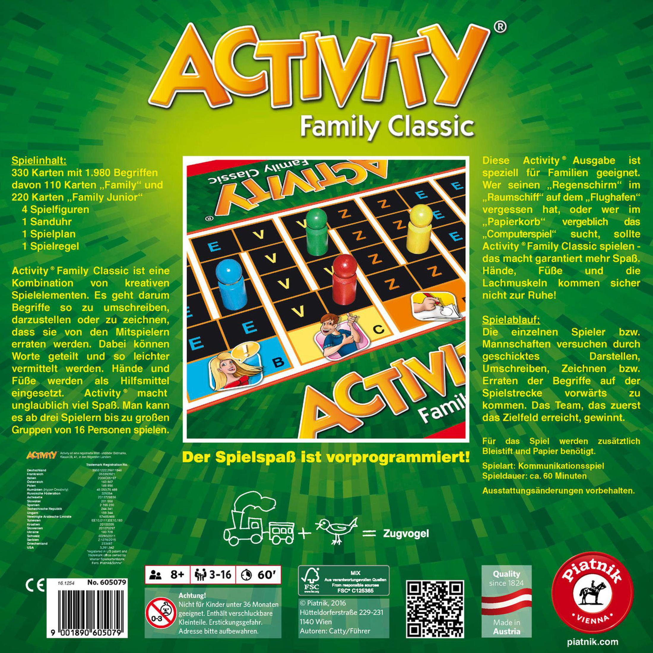 Spielbox mit Text und Spielsteinen. Text auf Deutsch. Brettspiel namens Activity Family Classic.