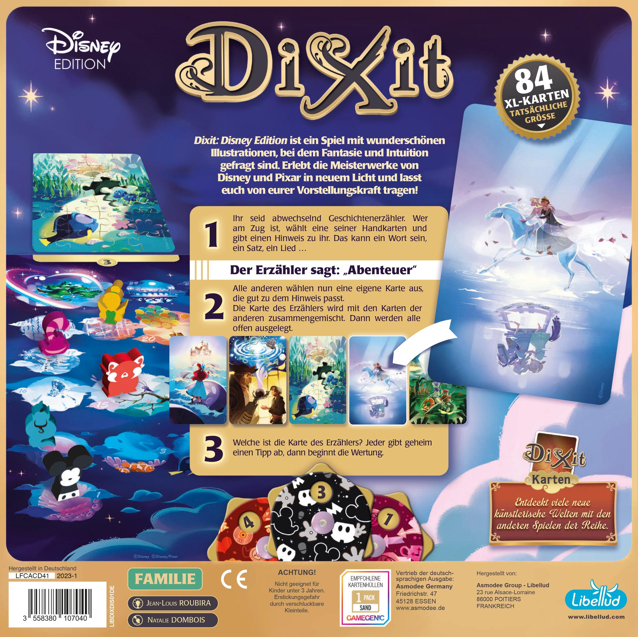 Eine Dixit-Brettspielbox, die eine Spielszene zeigt. Es gibt Karten, Illustrationen und Text. Weißer Hintergrund.