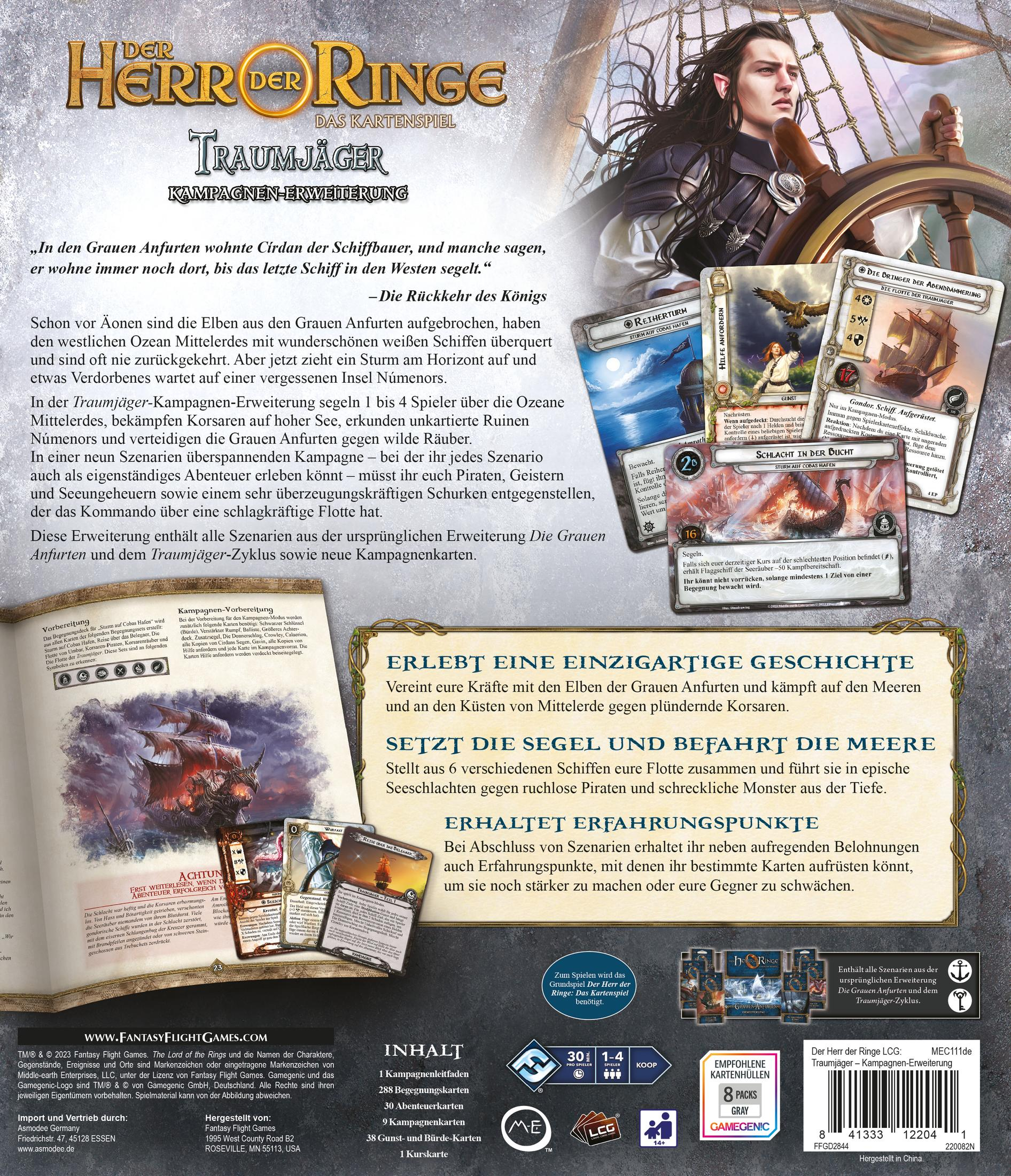 Die Rückseite einer Brettspielbox mit dem Titel 'Der Herr der Ringe'. Zeigt Spielelemente und Charaktere.