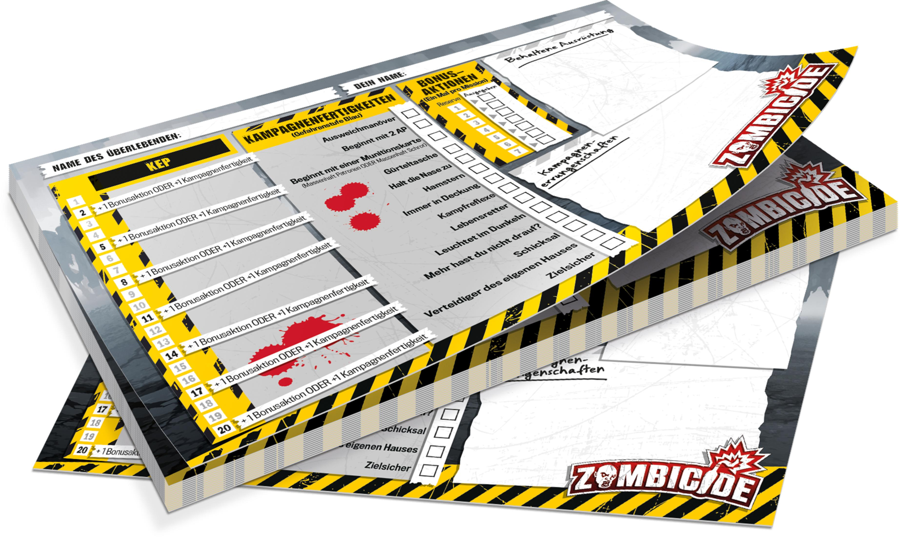 Zombicide-Spielbrett mit Charakterbögen, Würfeln und Regelkarten.