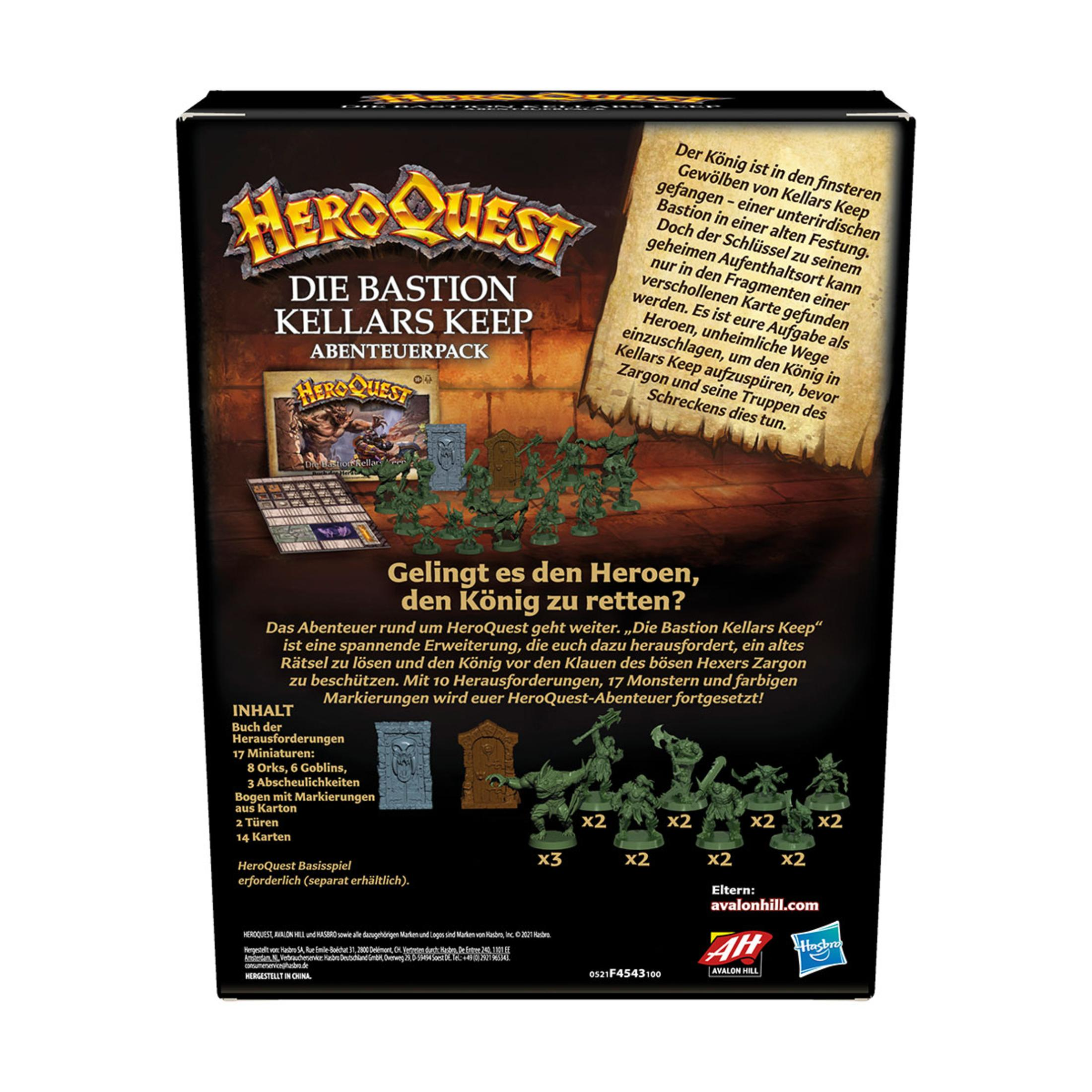 Die Rückseite einer Brettspielbox. Sie hat eine Grafik des Spiels und Text auf Deutsch, der das Spiel erklärt.