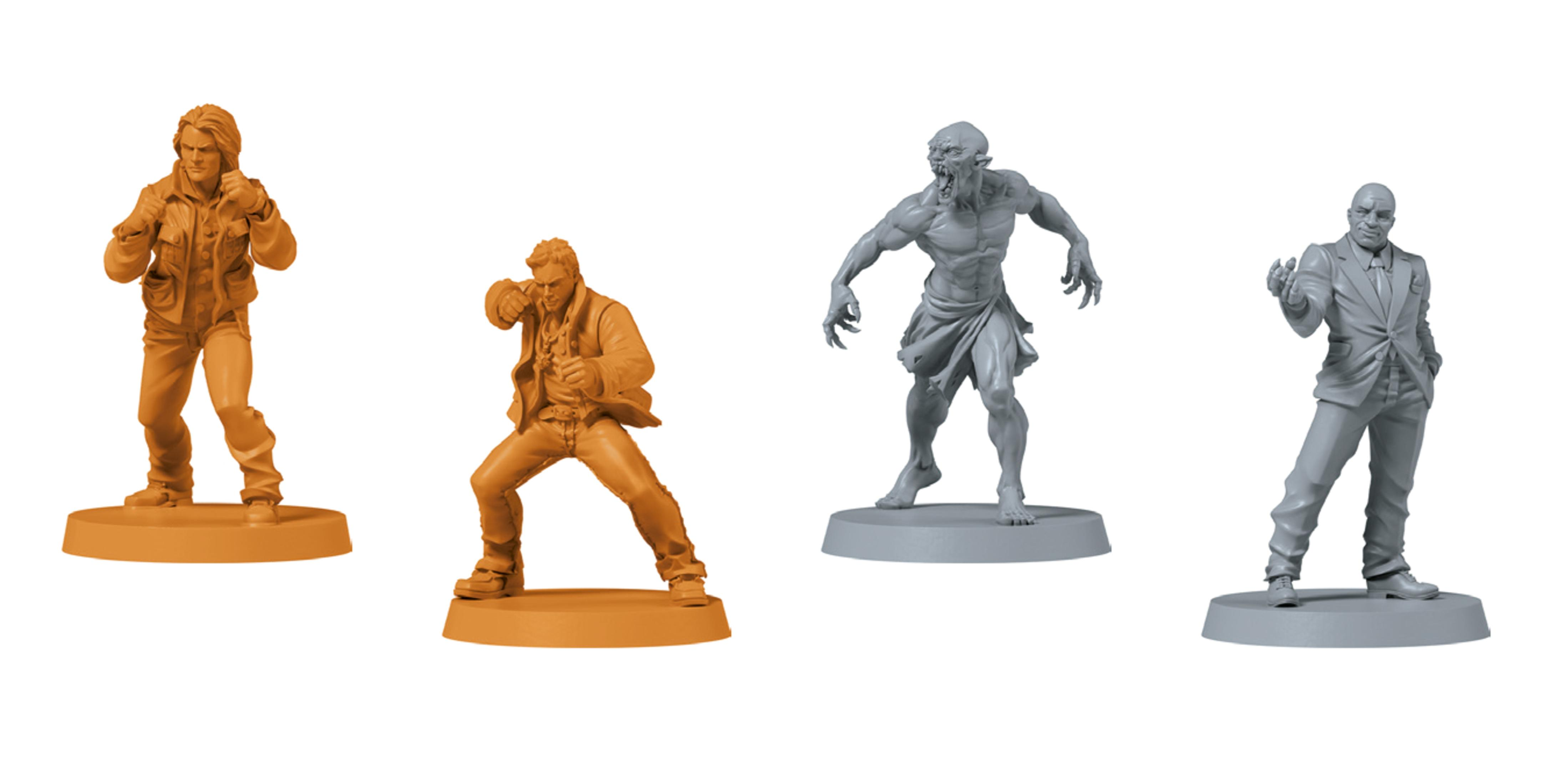 Quatre figurines fantastiques : deux personnes en poses d'action, un monstre et un homme en costume.