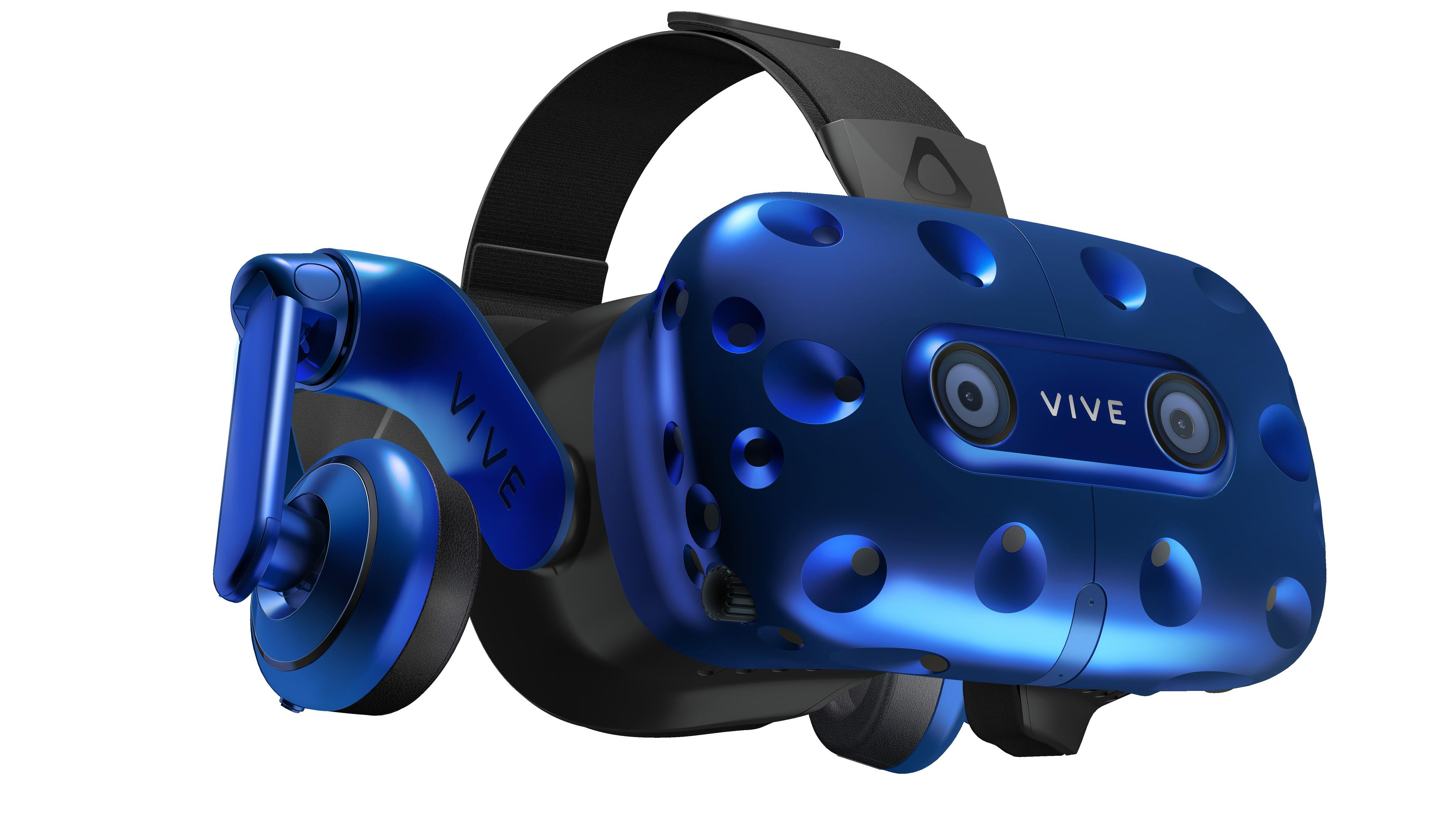 Blaue und schwarze VR-Brille, mit Linsen und Kopfband, auf weißem Hintergrund.