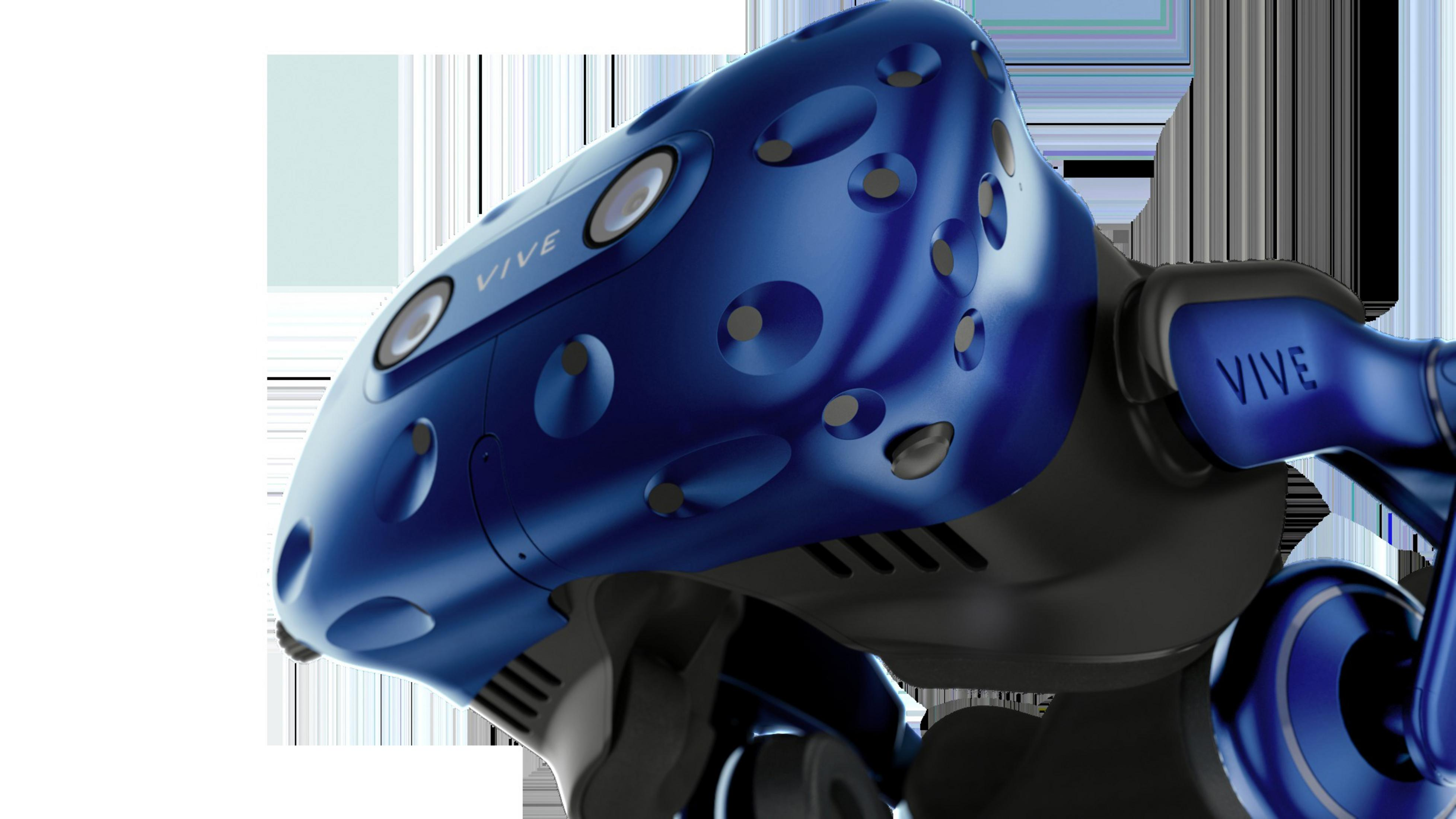 Nahaufnahme eines blau-schwarzen VR-Headsets mit dem Wort 'VIVE' an der Seite.