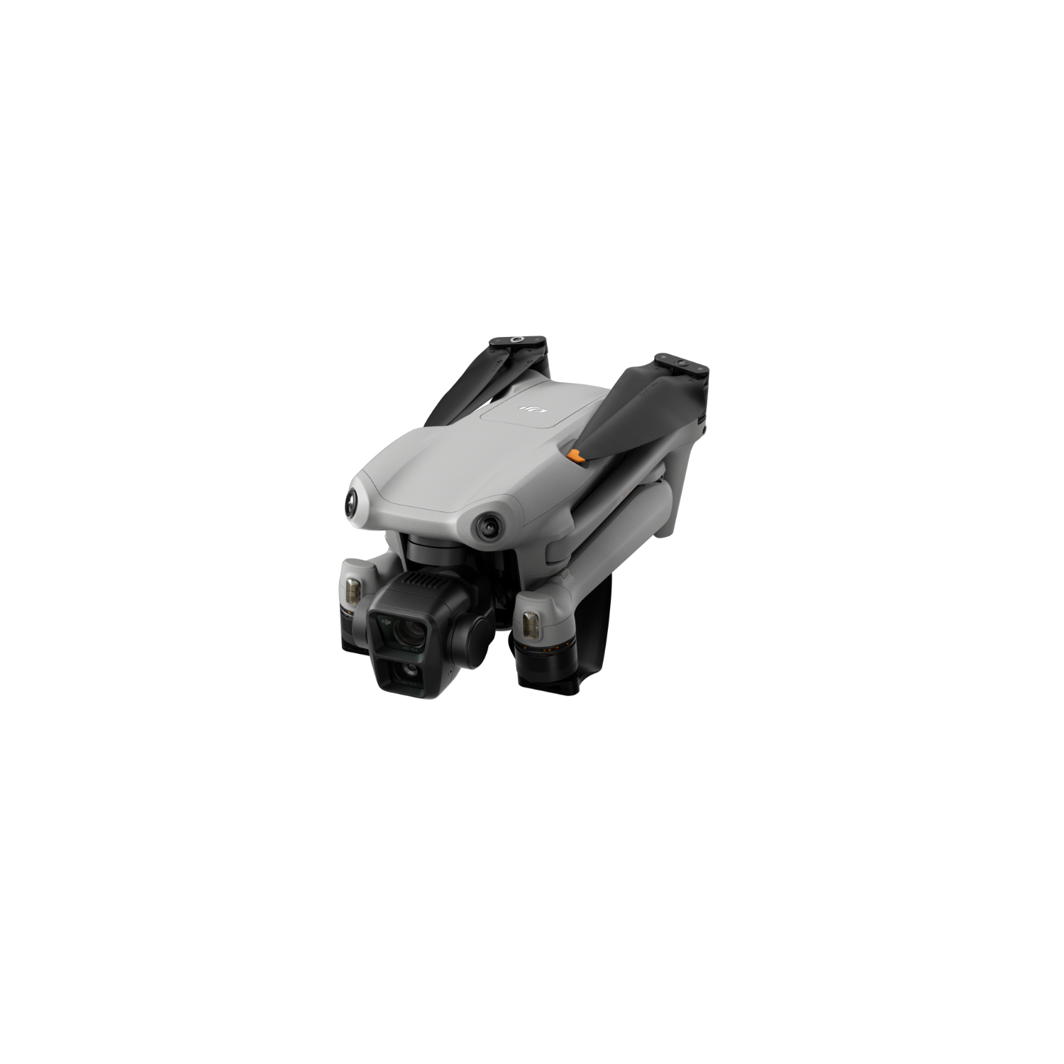Eine graue Drohne mit schwarzen Propellern ist vor weißem Hintergrund isoliert.