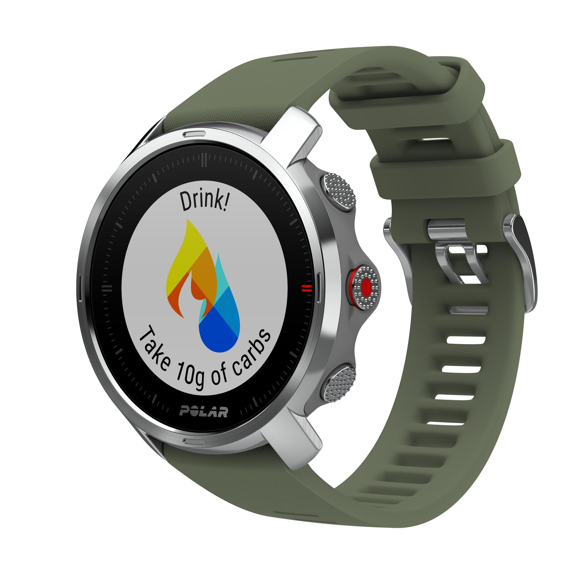 Eine Uhr mit grünem Armband, die einen Bildschirm mit einem Wassertropfen und dem Wort 'Drink!' anzeigt.