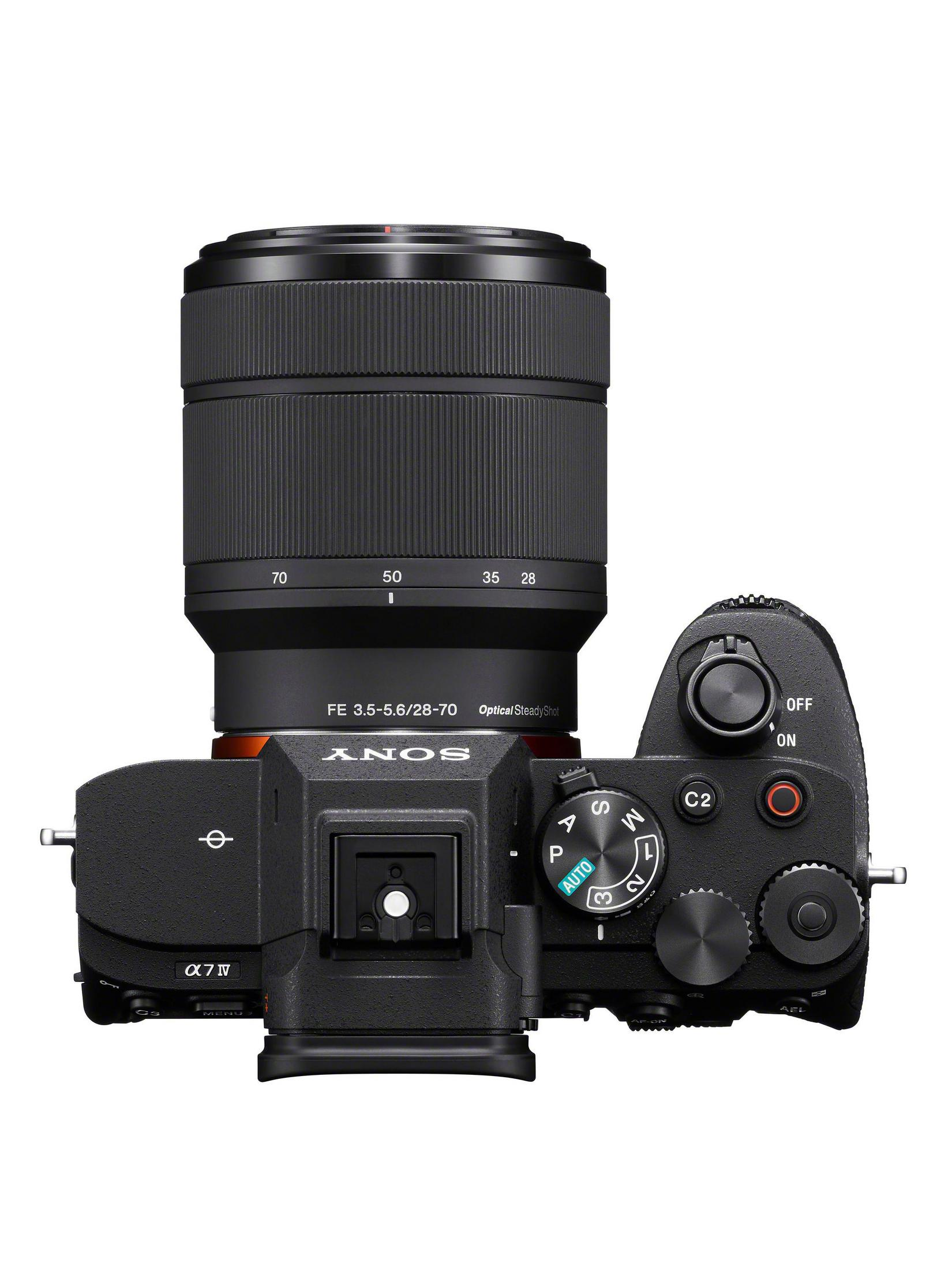Bovenaanzicht van een zwarte Sony-camera met een grote lens, knoppen en draaiknoppen.