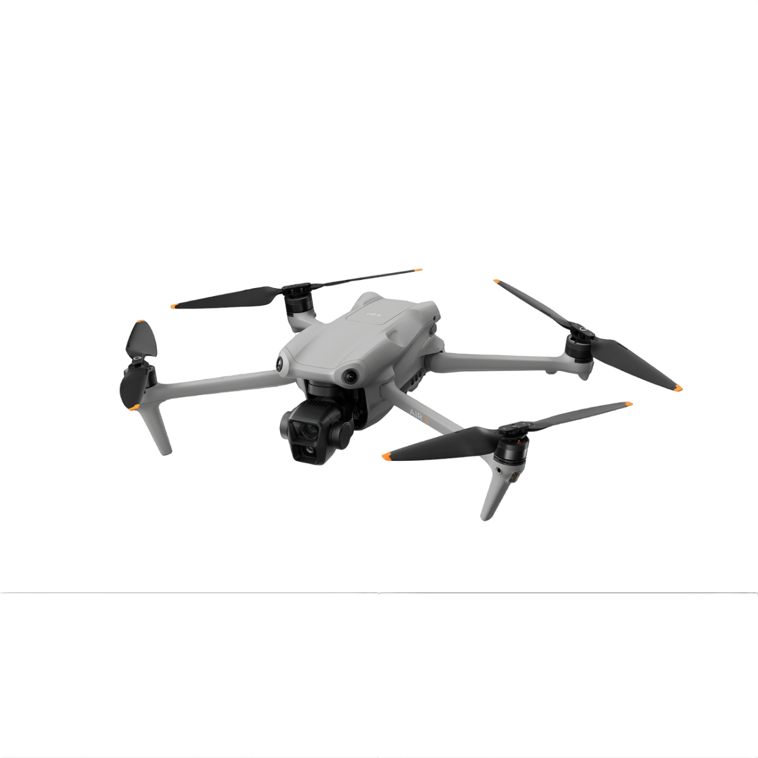 Eine graue DJI Mavic 3 Drohne. Sie hat vier schwarze Propeller und eine Kamera vorne.