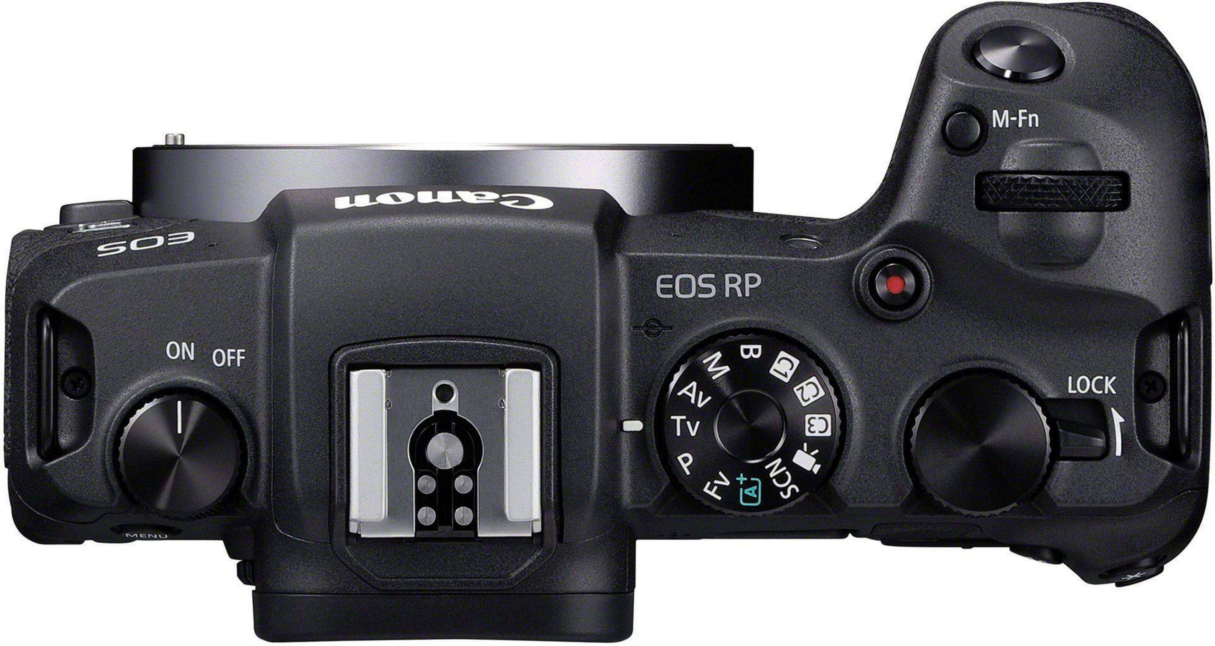 Black camera, top view, with buttons, dials, and a pop-up flash. The Canon and EOS RP are visible.