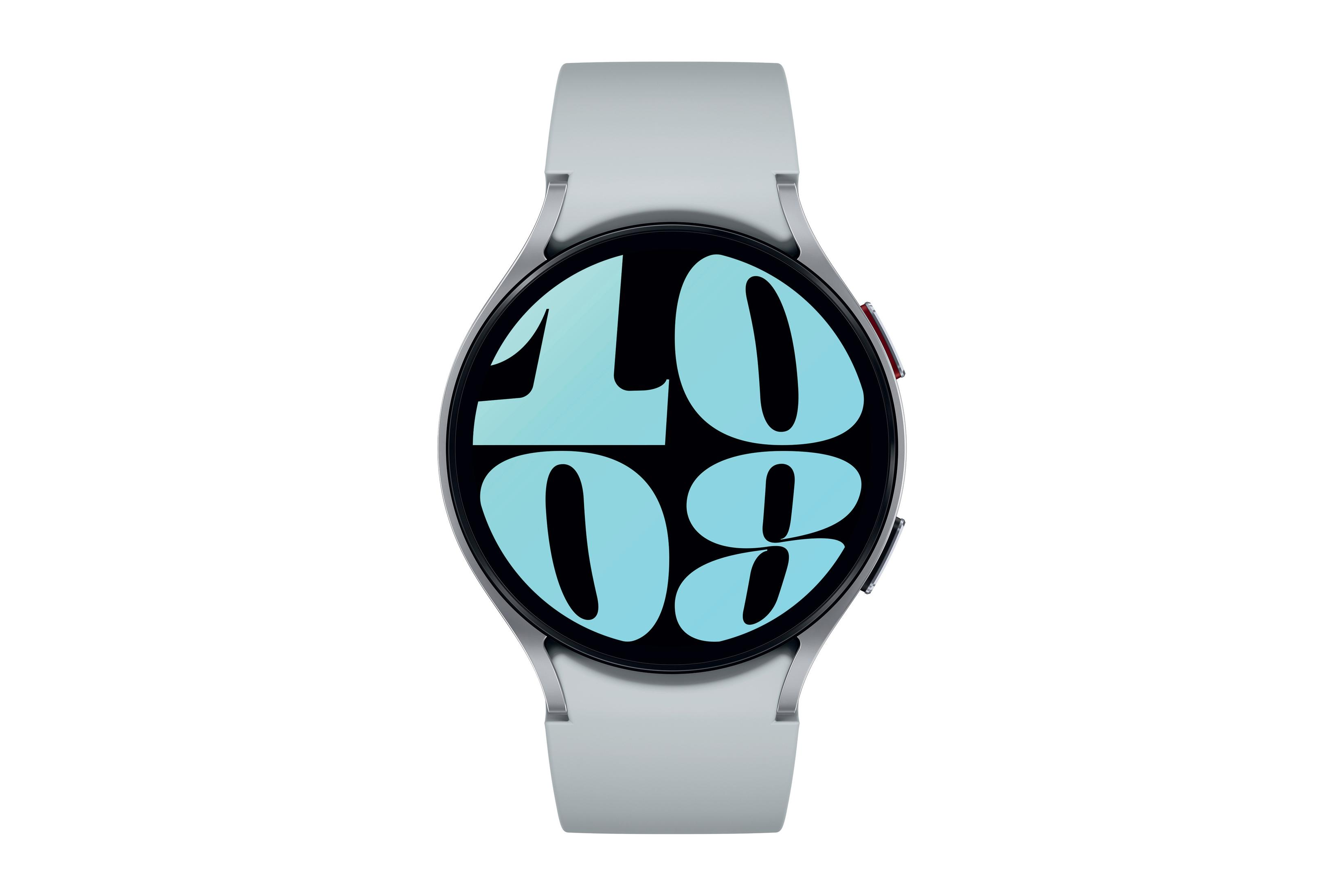 Smartwatch met een lichtgrijze band. Het scherm toont de tijd 10:08.
