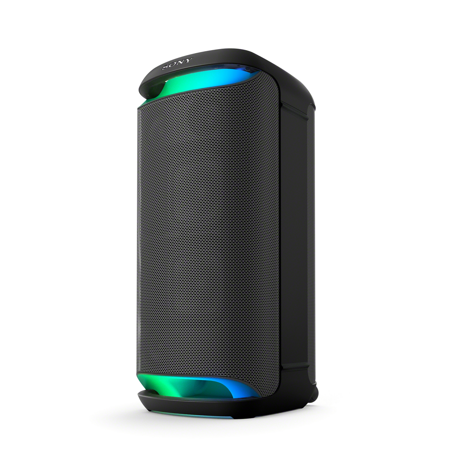 Schwarzer Sony-Lautsprecher. Er hat eine Mesh-Front und Lichter oben und unten.