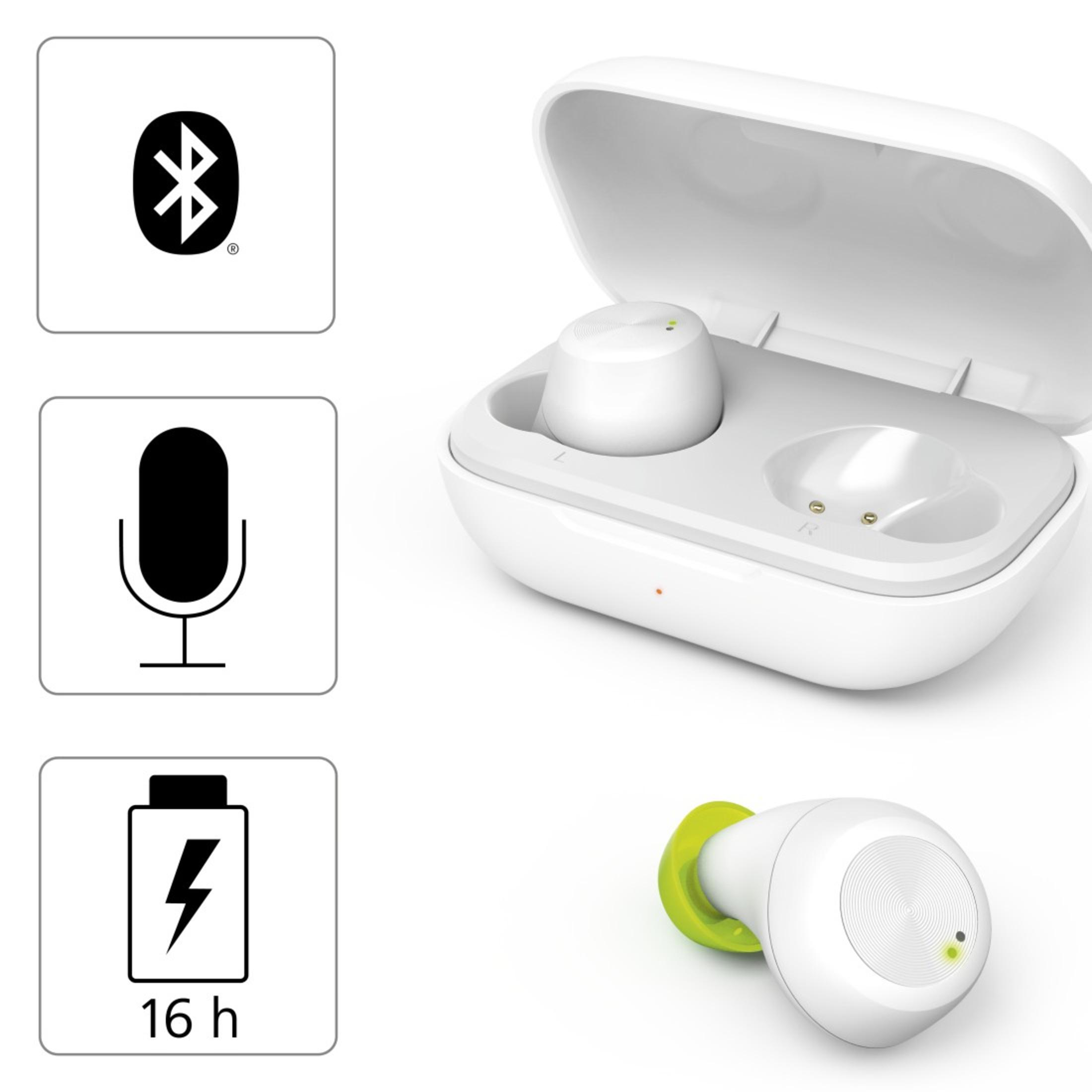 Białe słuchawki z etui ładującym, ikonami Bluetooth i mikrofonu. Ikona baterii i tekst 16h.