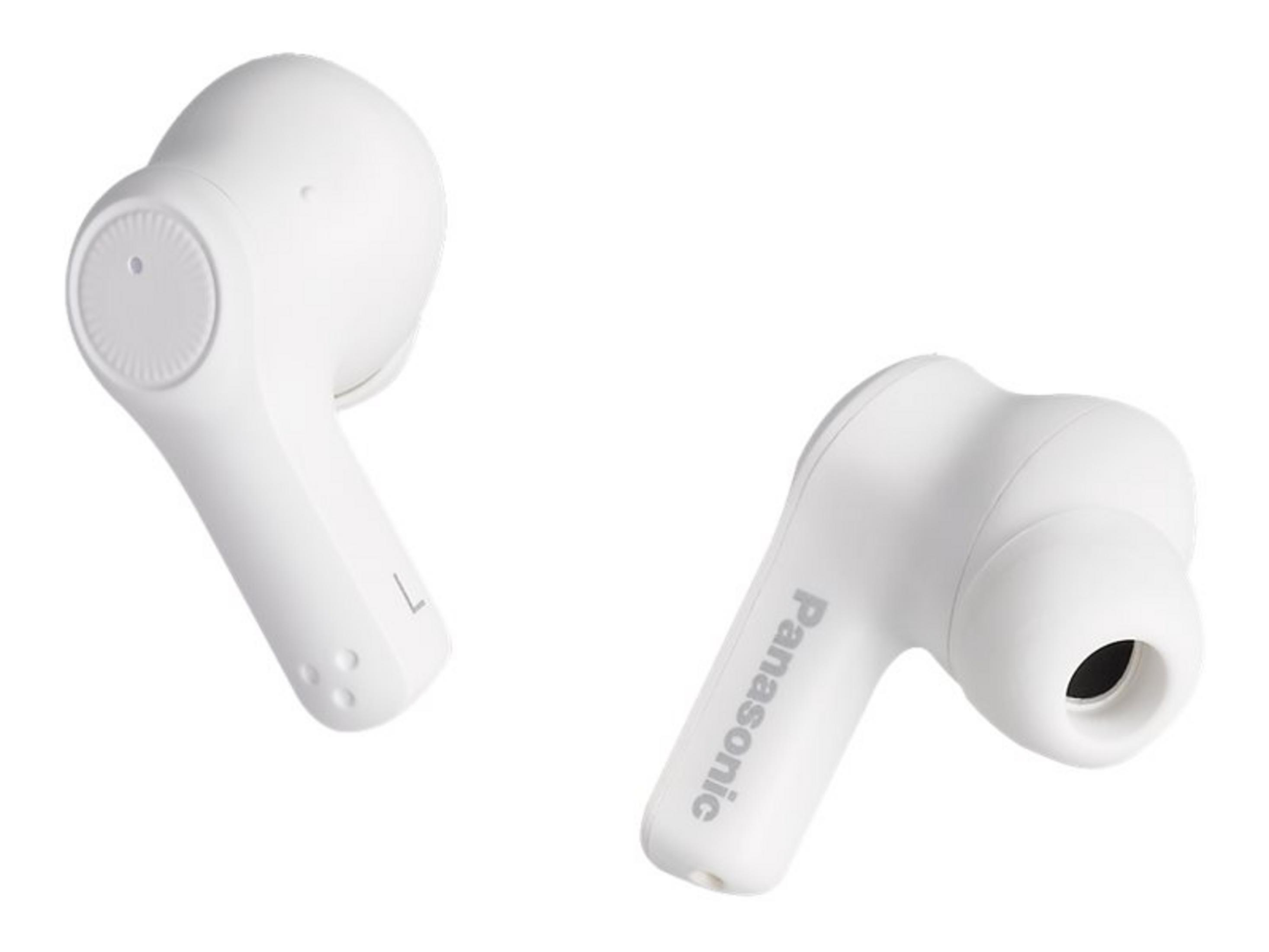 Dwa białe słuchawki Panasonic, na białym tle.