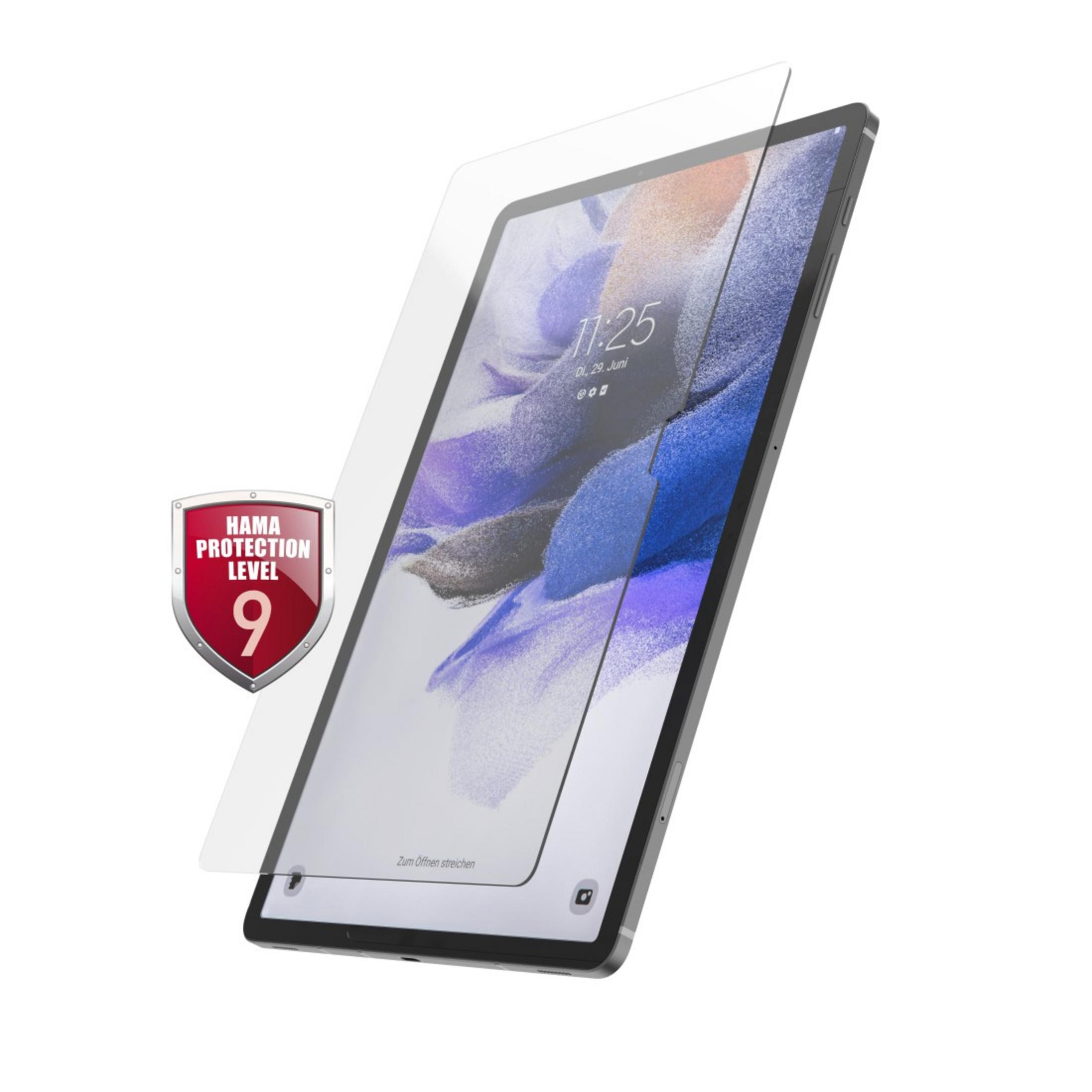 Un tablet con una protezione per lo schermo. Lo sfondo è bianco. Il tablet ha una cornice nera.